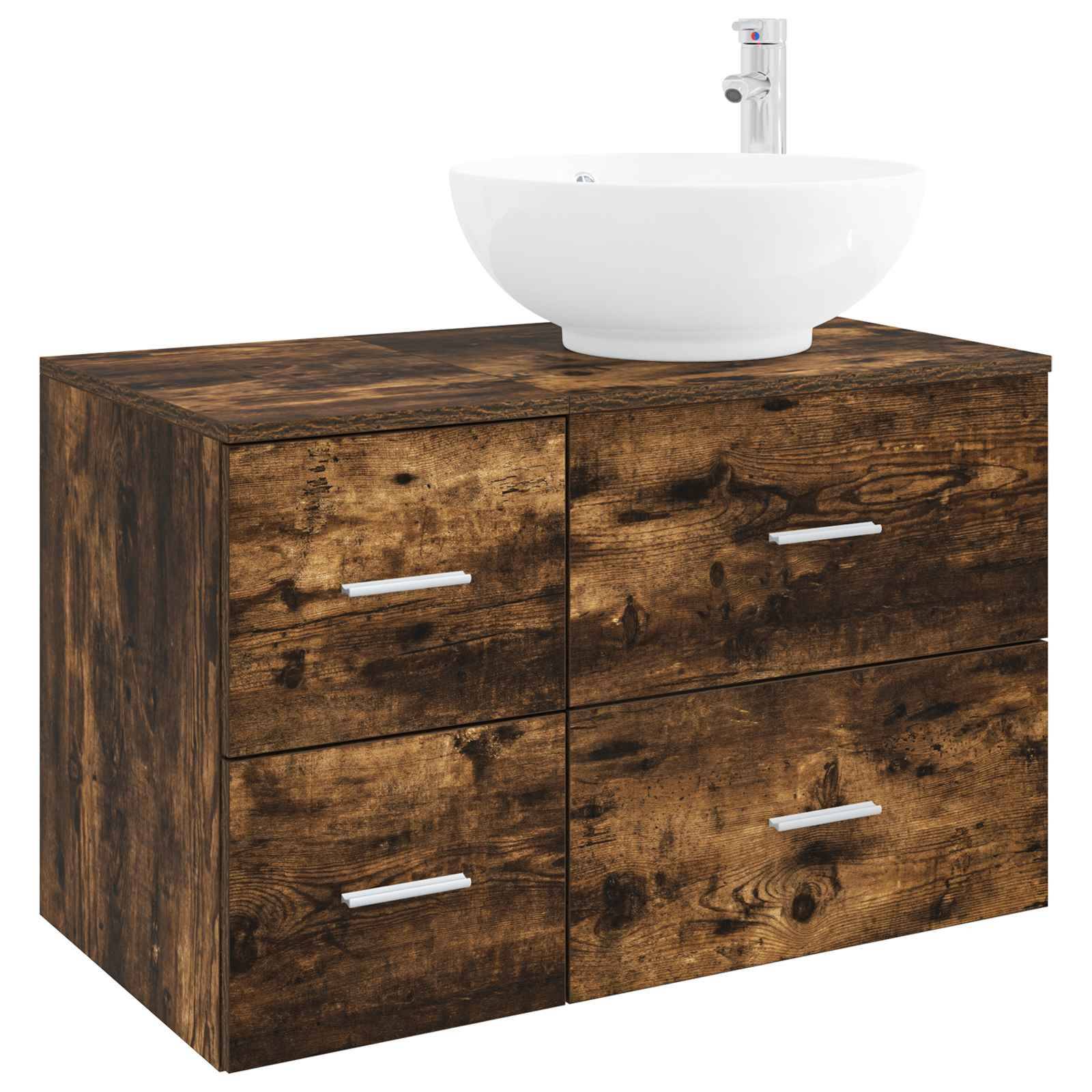 Holzwaschbeckenunterschrank mit vier Schubladen und weißem Aufsatzwaschbecken oben, vor weißem Hintergrund dargestellt.