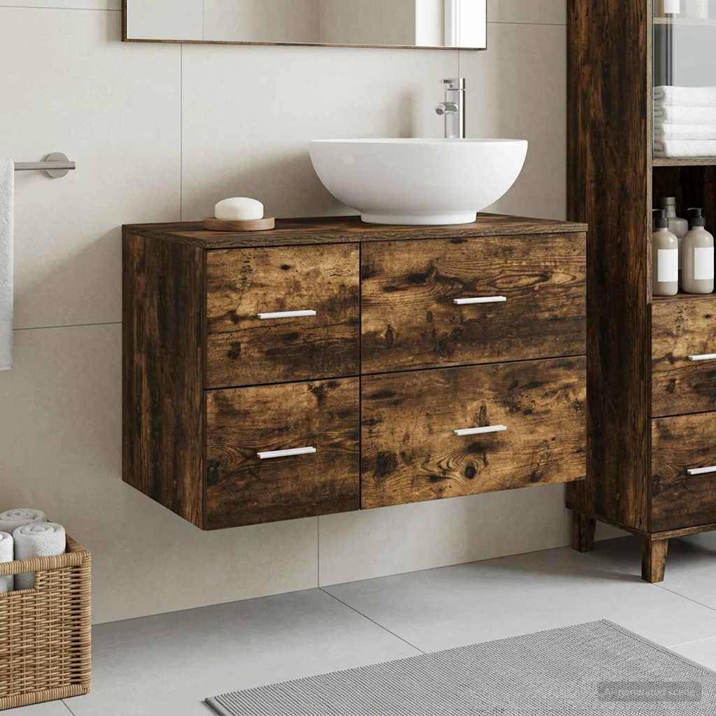 Wandmontiertes rustikales Holz-Badezimmerwankerl mit weißem Aufsatzwaschbecken und Schubladen, dargestellt in einem modernen Badezimmerinnenraum.