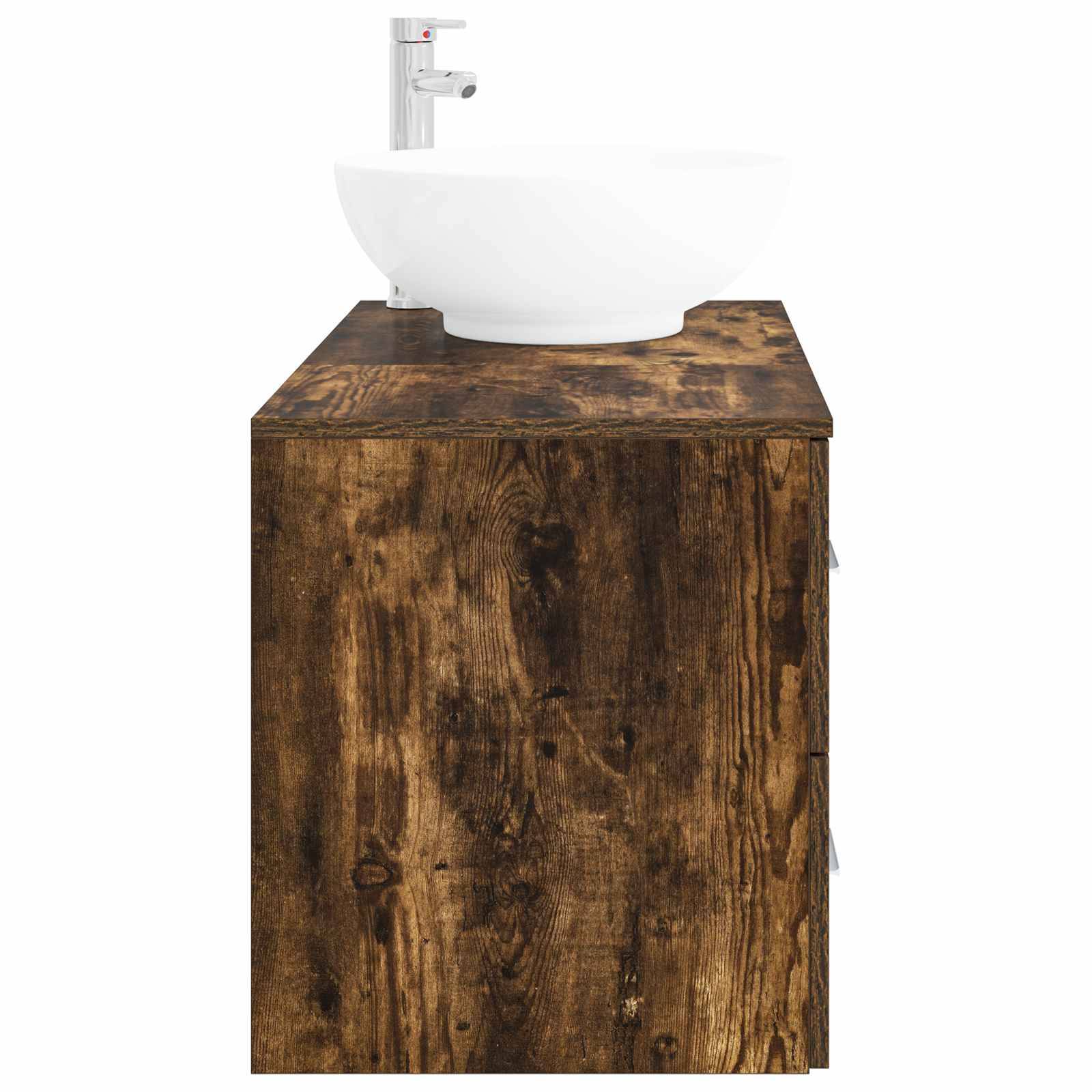 Modernes weißes Waschbecken auf einem rustikalen Holz-Waschtischschrank, vor einem einfachen weißen Hintergrund gezeigt.