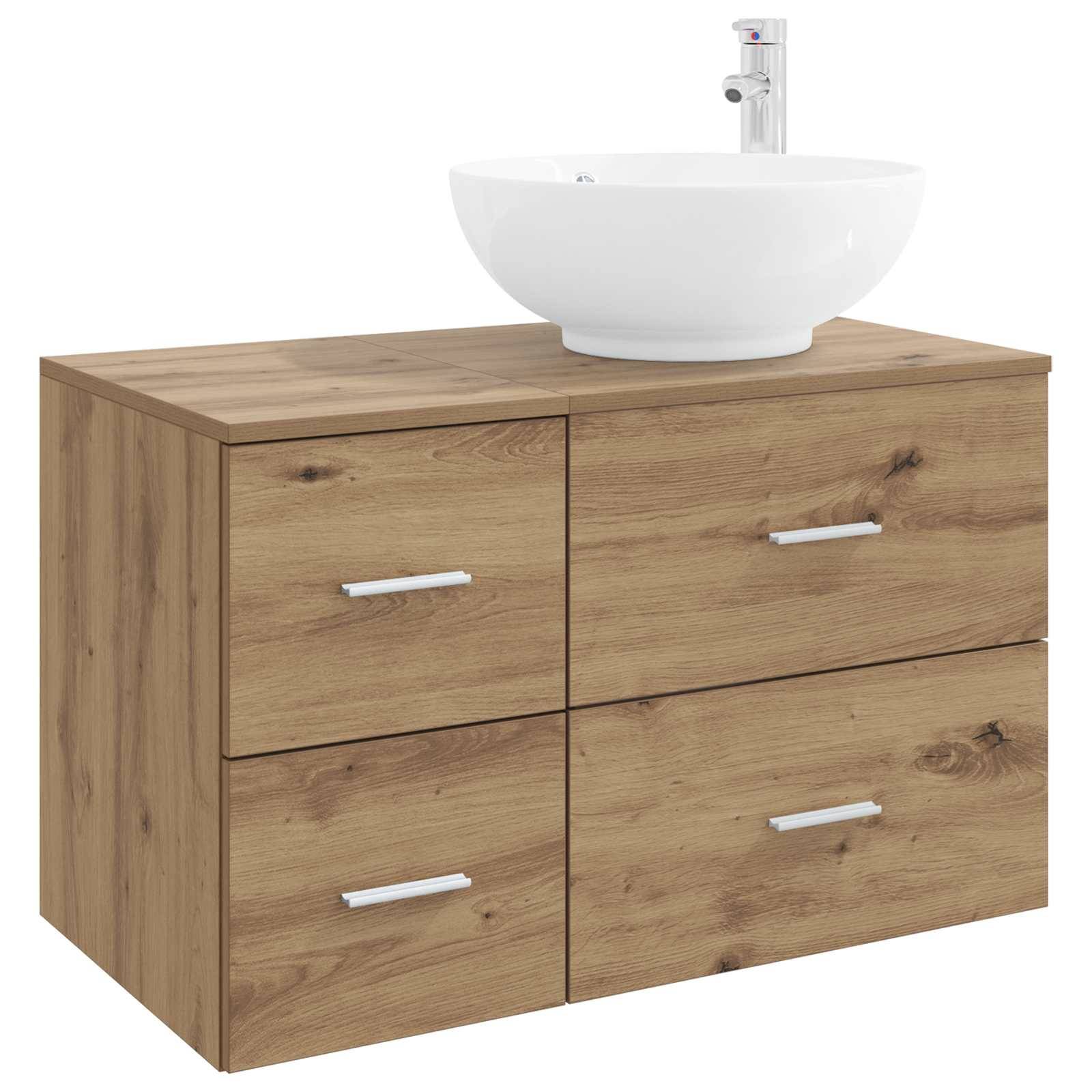 Holzwaschtischschrank im Badezimmer mit vier Schubladen und einem weißen Aufsatzwaschbecken oben, auf weißem Hintergrund dargestellt.