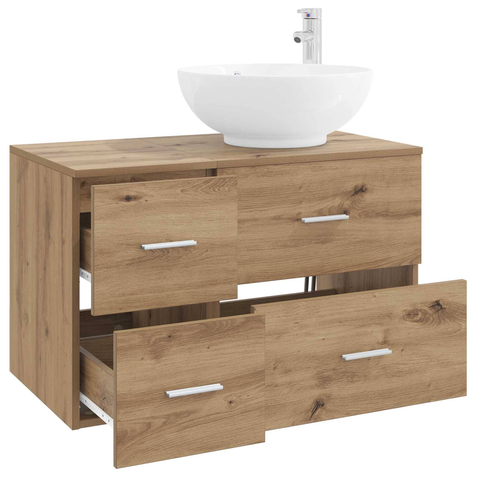 Holzwaschbeckenunterschrank mit weißem Spülbeckensink und Armatur, ausgestattet mit zwei breiten Schubladen, die teilweise geöffnet sind.