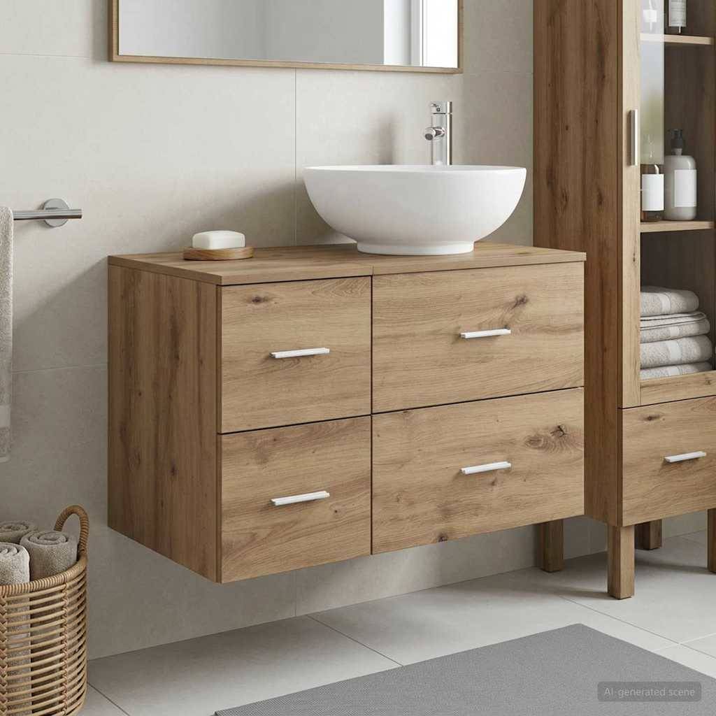 Modernes Badezimmer-Waschtisch mit weißem Aufsatzwaschbecken auf einem schwebenden Holzschrank mit vier Schubladen neben einer passenden Regaleinheit.