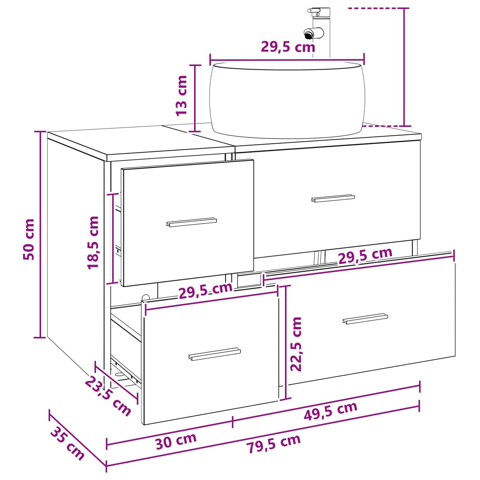 Diagramm eines Badezimmerschranks mit Waschbecken, das Abmessungen in Zentimetern für die Einheit, Schubladen, Tiefe, Breite und Höhe des Waschbeckens zeigt.