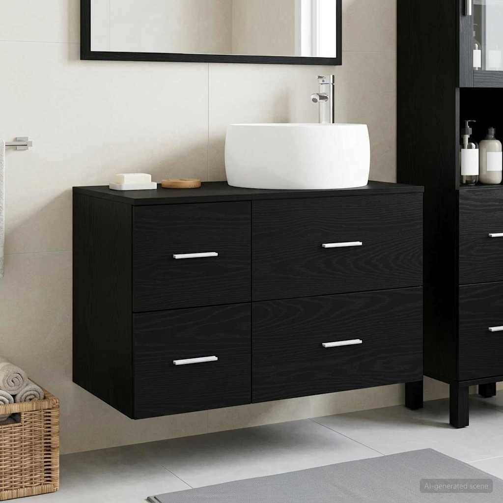 Schwebendes schwarzes Badezimmerwaschtisch mit vier Schubladen und einem weißen Aufsatzwaschbecken, gezeigt in einem modernen Badezimmerinnenraum.