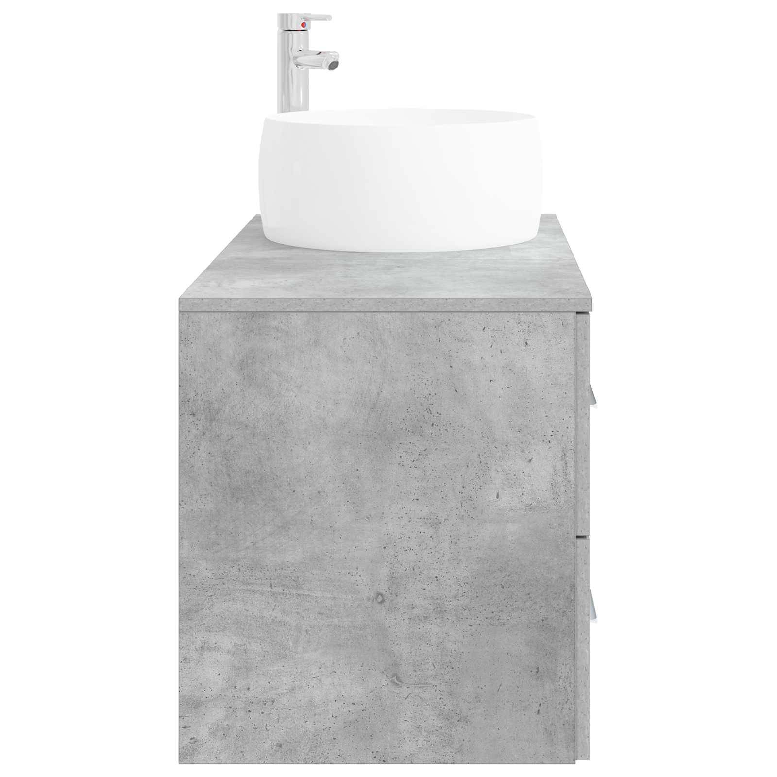 Modernes Badezimmer-Waschtisch mit einer weißen Aufsatzwaschbecken und verchromtem Wasserhahn auf einem grauem betonoptik-Unterschrank.