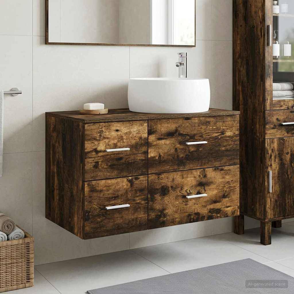 Modernes Badezimmer-Waschtisch mit weißem Aufsatzwaschbecken auf einem rustikalen Holzschrank, vor hellem Fliesenmauerwerk mit Spiegel darüber.