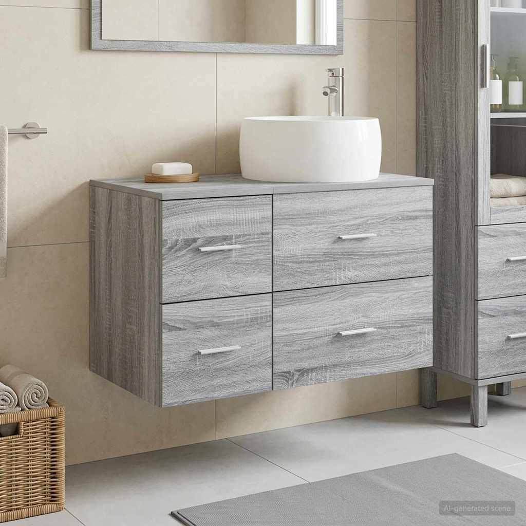 Schwebendes graubraunes Holz-Badezimmermöbel mit weißem Aufsatzwaschbecken und Spiegel, gezeigt in einem modernen gefliesten Badezimmer.