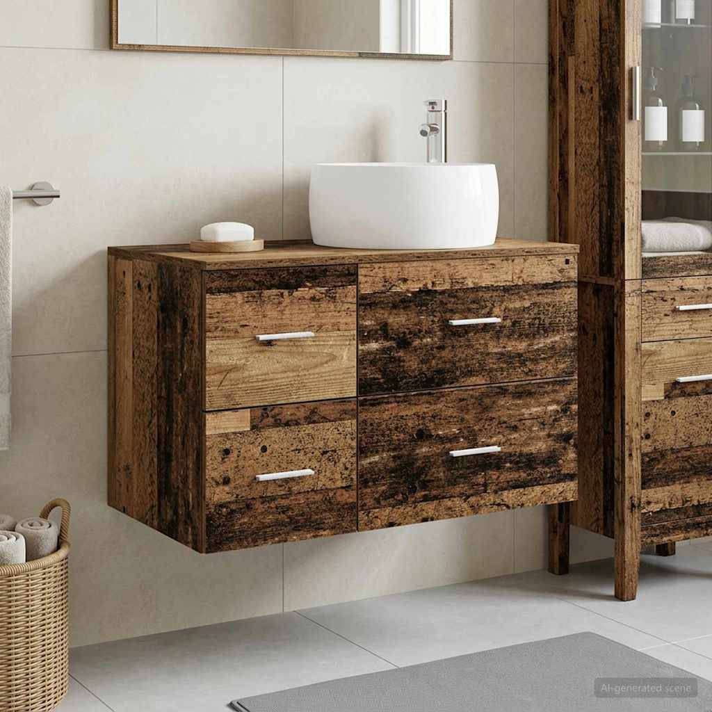 Schwebendes rustikales Holz-Badezimmerschränkchen mit weißem Aufsatzwaschbecken und Chromarmatur an gekachelter Wand.