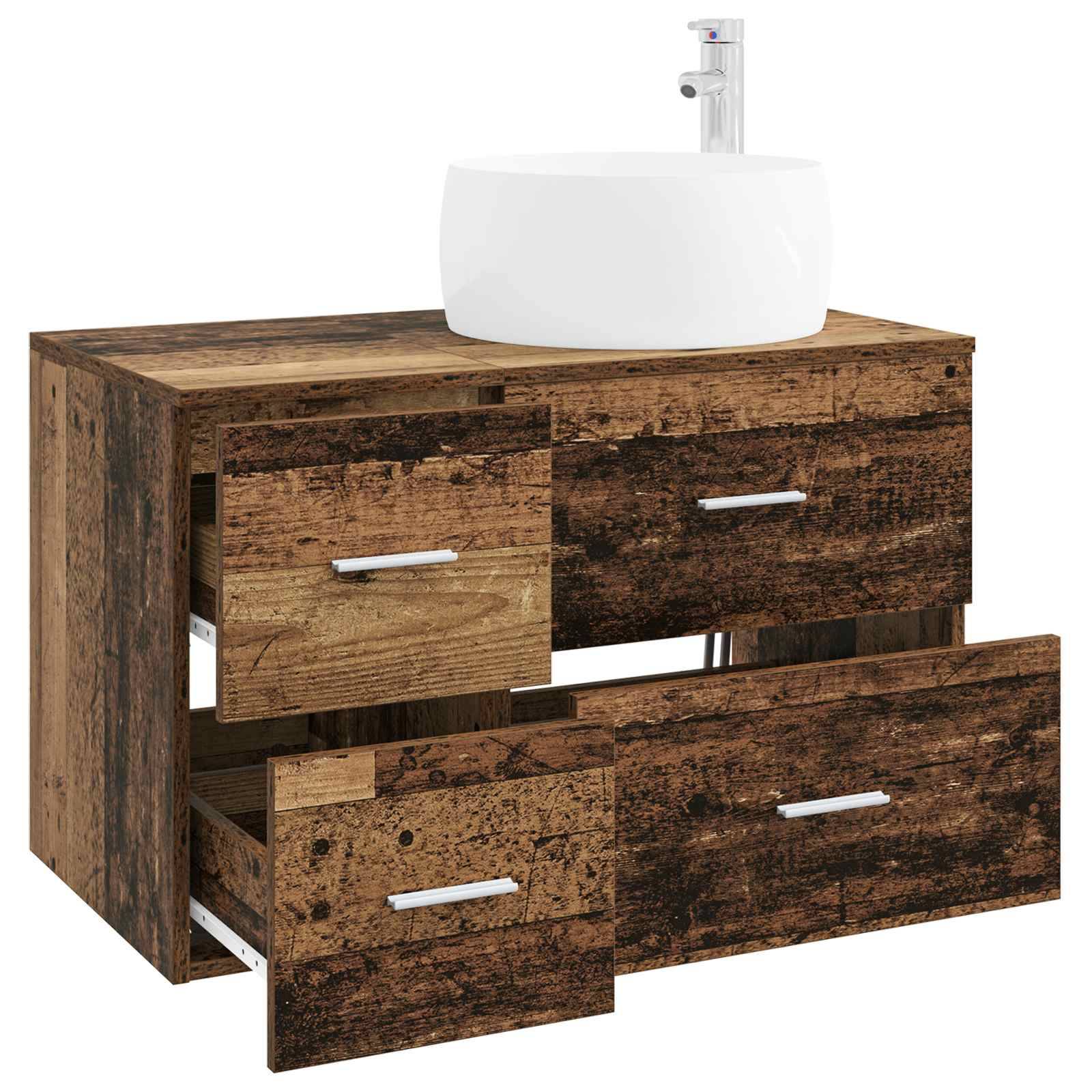Rustikaler Holzbadezimmerschrank mit weißem Waschbecken und Armatur, zwei offene Schubladen zeigen den Stauraum.