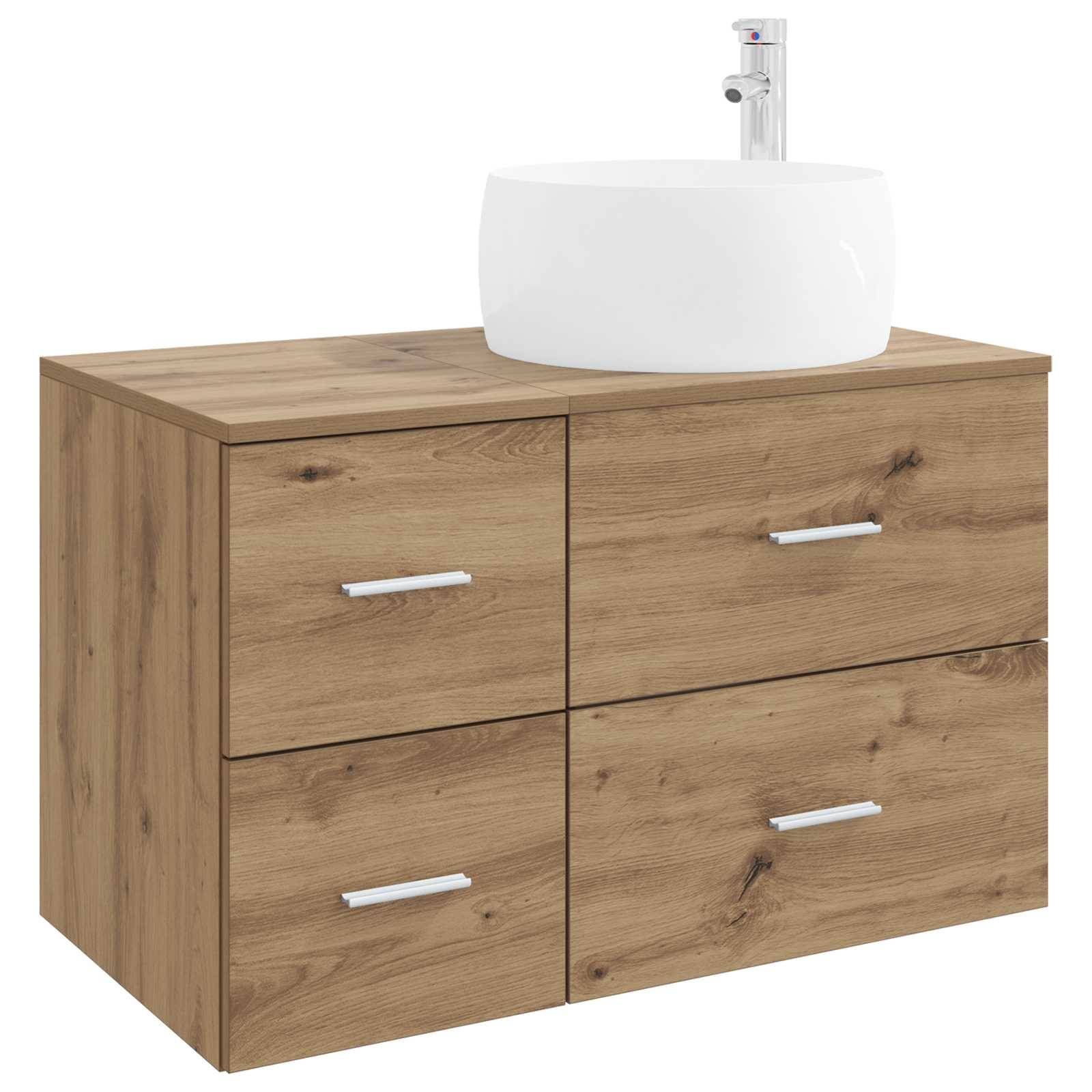 Badezimmer-Waschtischschrank mit Holzoptik, vier Schubladen und weißem Aufsatzwaschbecken obenauf.