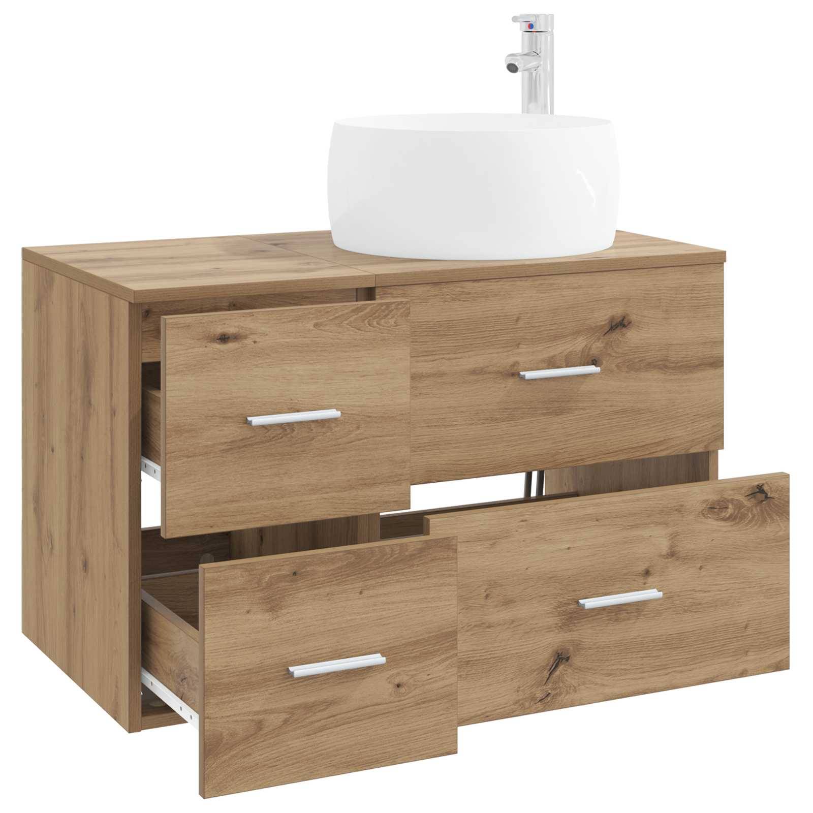 Holz-Badezimmerschrank mit integriertem weißem Waschbecken und offenen Schubladen, dargestellt auf weißem Hintergrund.
