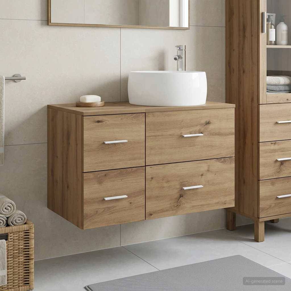 Modernes Badezimmer-Waschtisch mit weißem Aufsatzwaschbecken und Holzschrank mit Schubladen an gefliester Wand