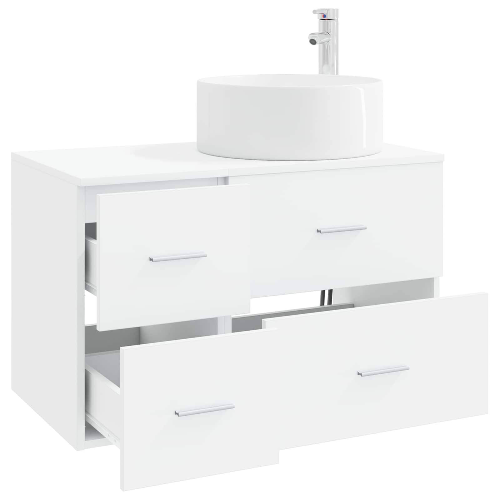 Weißer Badezimmerschrank mit zwei Schubladen und einem runden Aufsatzwaschbecken oben, vor einem einfachen weißen Hintergrund dargestellt.