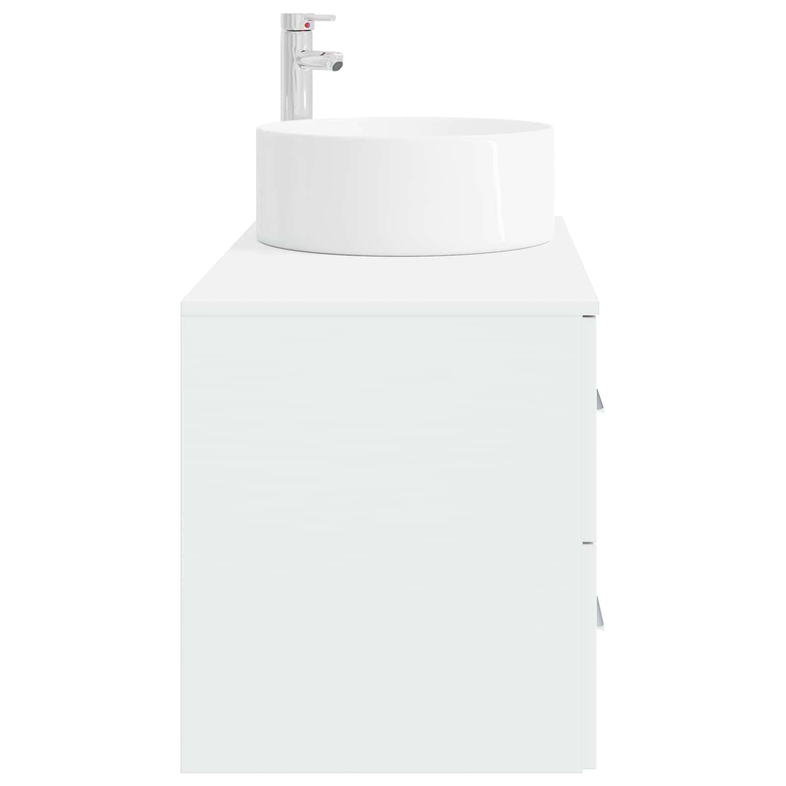 Weißes modernes Badezimmerbecken mit rundem Waschbecken auf einem hohen Schrank, vor einem einfachen Hintergrund dargestellt.