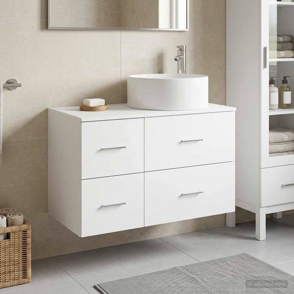 Modernes Badezimmermöbel mit an der Wand montiertem weißem Schrank, rundem Aufsatzwaschbecken und Spiegel darüber; Handtuchtrocknungsschrank daneben.