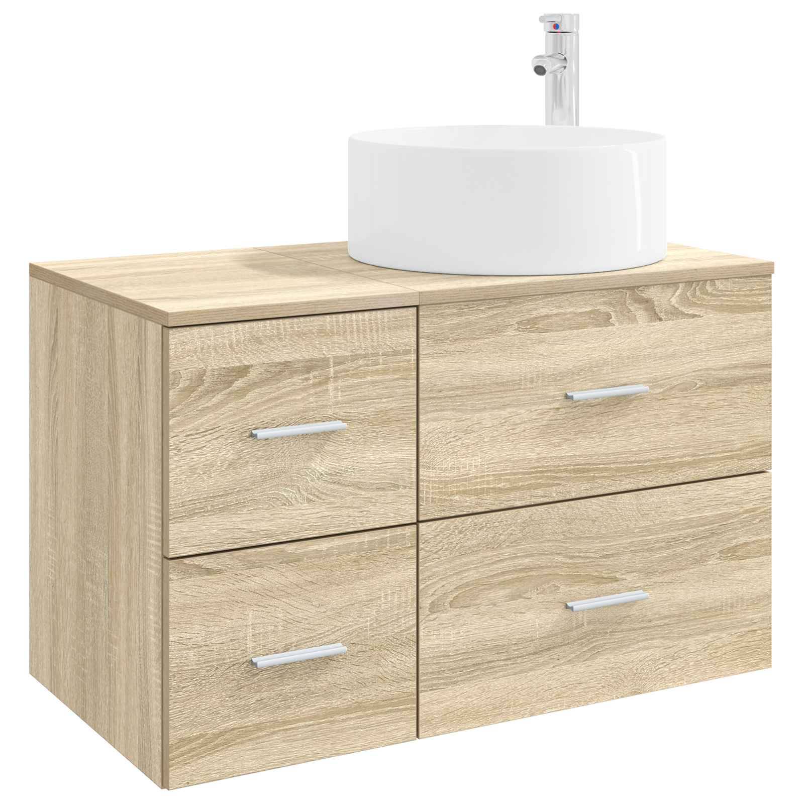 Helles Holz-Badezimmerwaschbecken mit vier Schubladen und einem weißen runden Aufsatzwaschbecken oben.