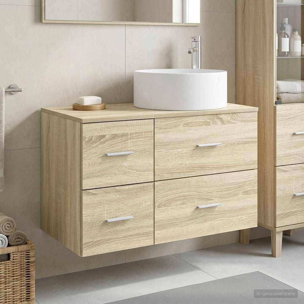 Schwebendes Badezimmermöbel aus hellem Holz mit vier Schubladen, einem weißen Aufsatzwaschbecken und einem Spiegel darüber in einem modernen gekachelten Badezimmer.