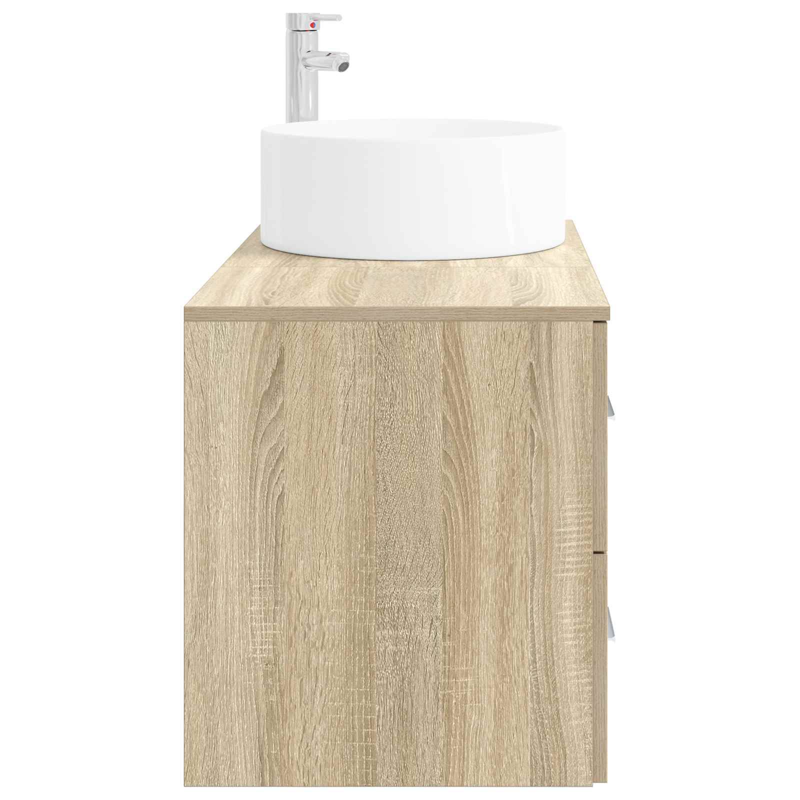 Badezimmerwaschbecken aus hellem Holz mit weißem rundem Aufsatzwaschbecken und Chromarmatur oben.