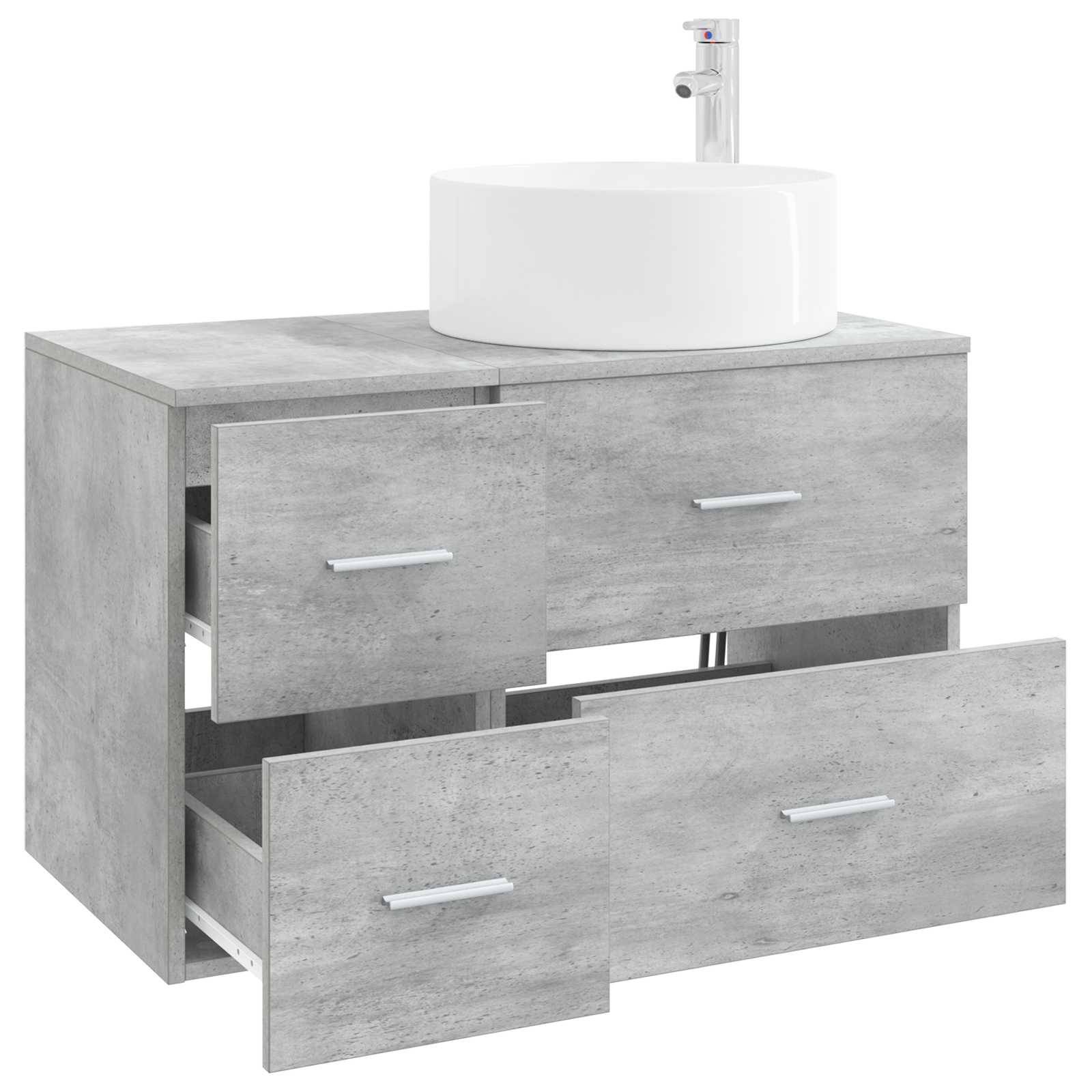 Badezimmer-Waschtisch im Betonlook mit rundem weißem Waschbecken und Armatur, mit zwei Schubladen und einer offenen Seitenschublade auf weißem Hintergrund.