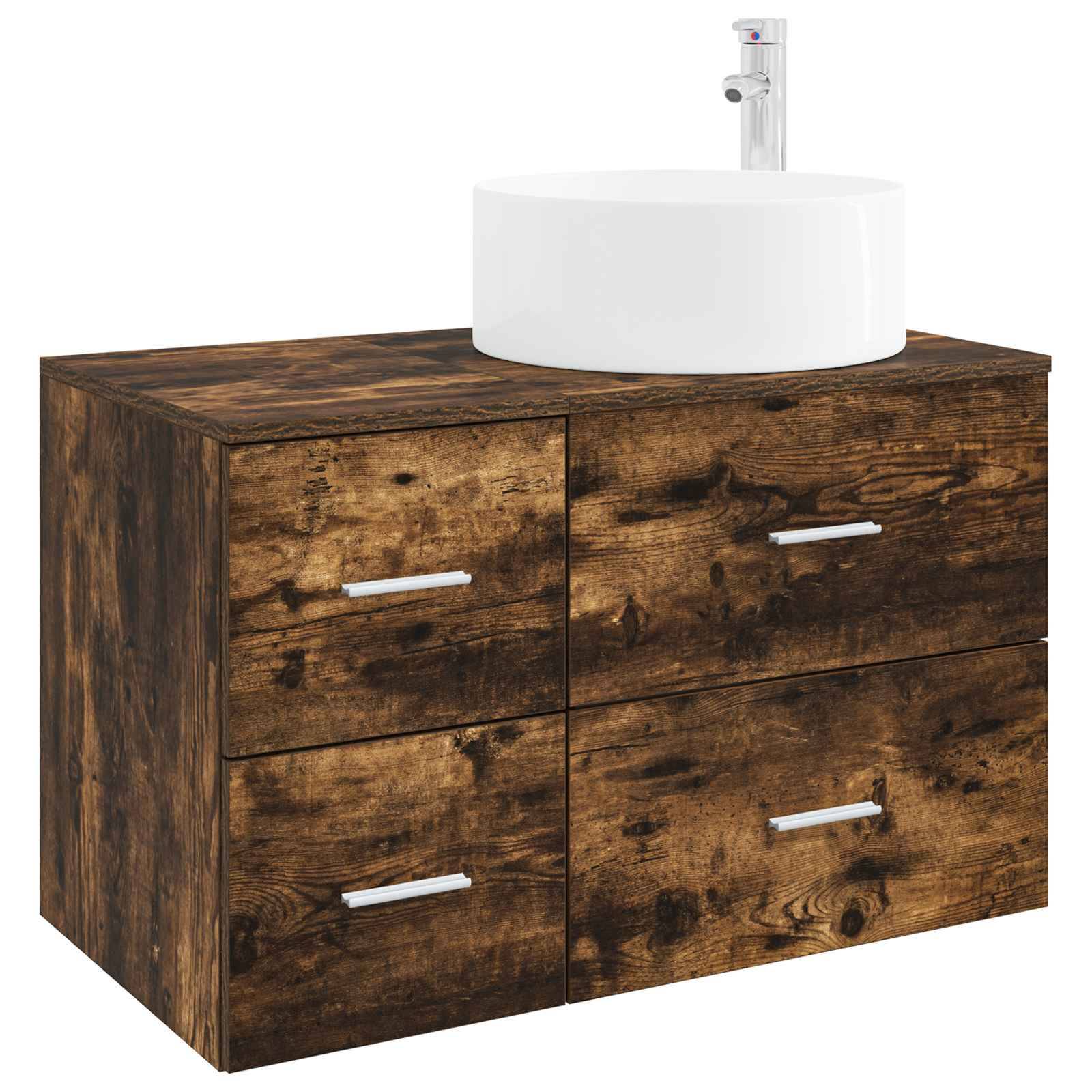 Holzwaschtischschrank für das Badezimmer mit vier Schubladen und einem weißen runden Aufsatzwaschbecken oben drauf.