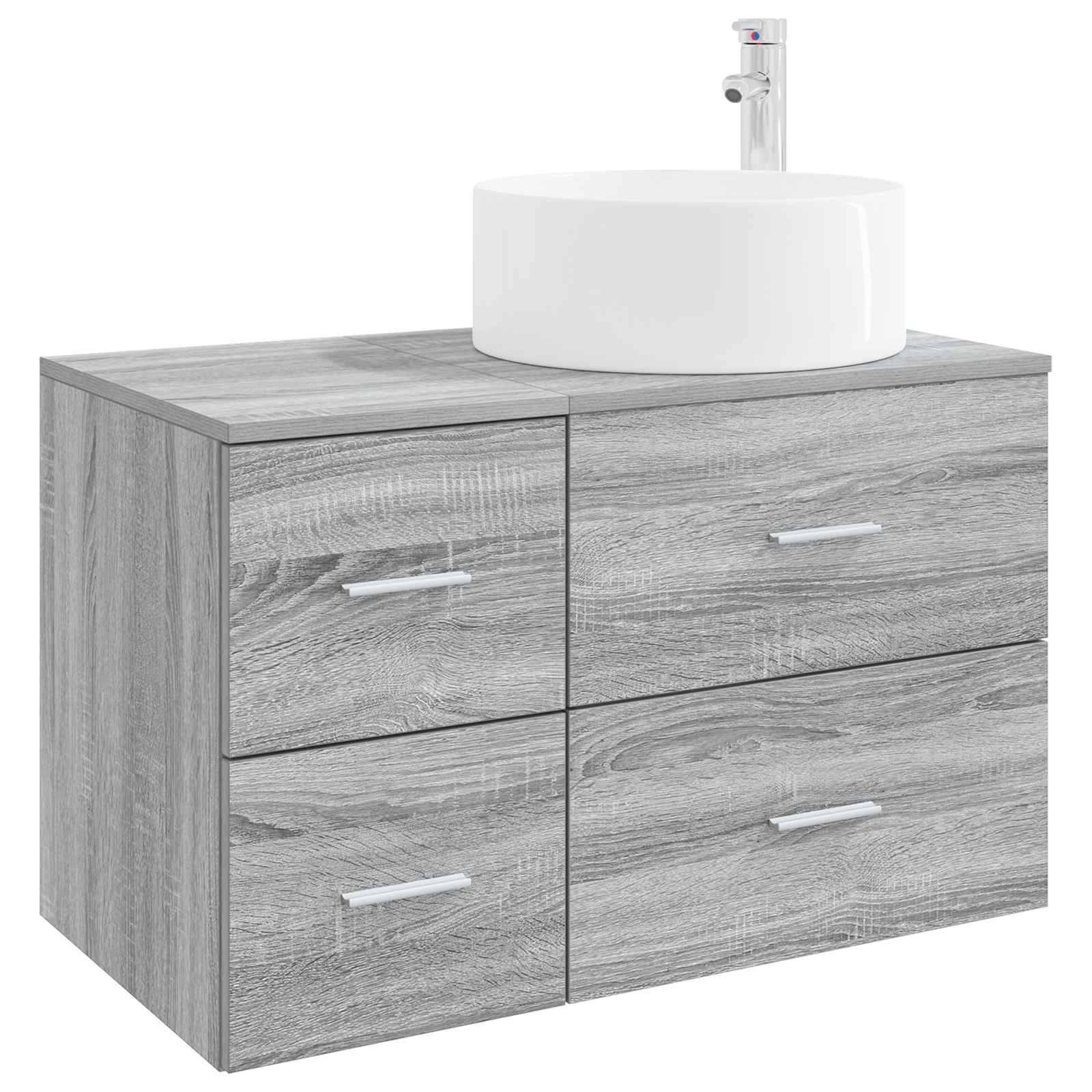 Grauer Holz-Badezimmerschrank mit vier Schubladen und einem weißen Aufsatzwaschbecken oben.