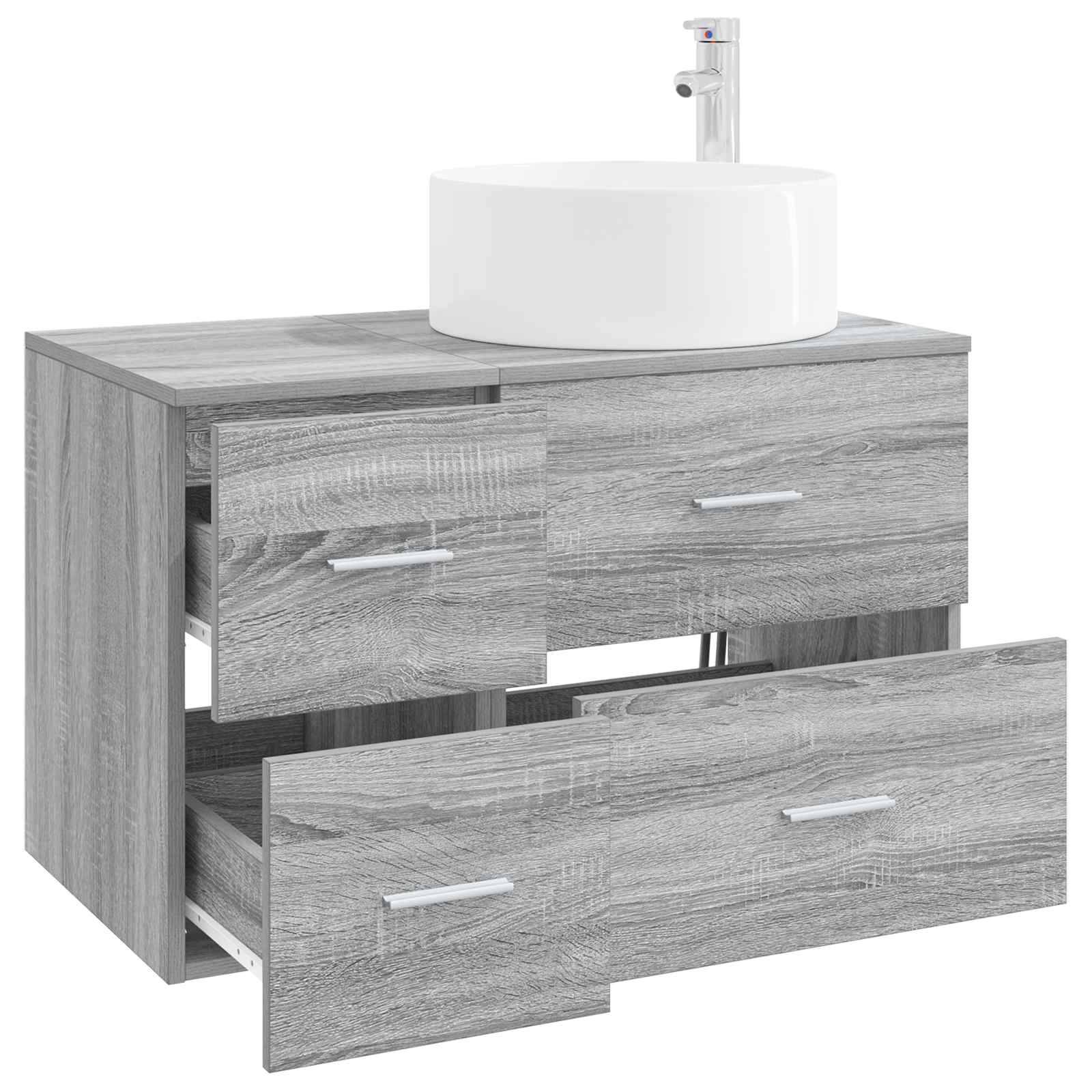 Graues Holz-Badezimmerwaschtischkabinett mit integriertem Waschbecken und Armatur, mit zwei Schubladen, eine offen, um den Stauraum zu zeigen.