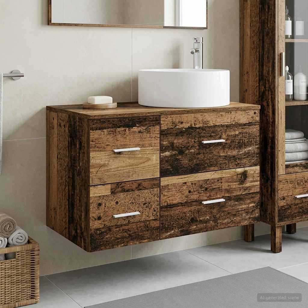 Rustikale Holzbadezimmerschrankkommode mit vier Schubladen, einem weißen Aufsatzwaschbecken und passenden Regalen in einem modernen gefliesten Badezimmer.