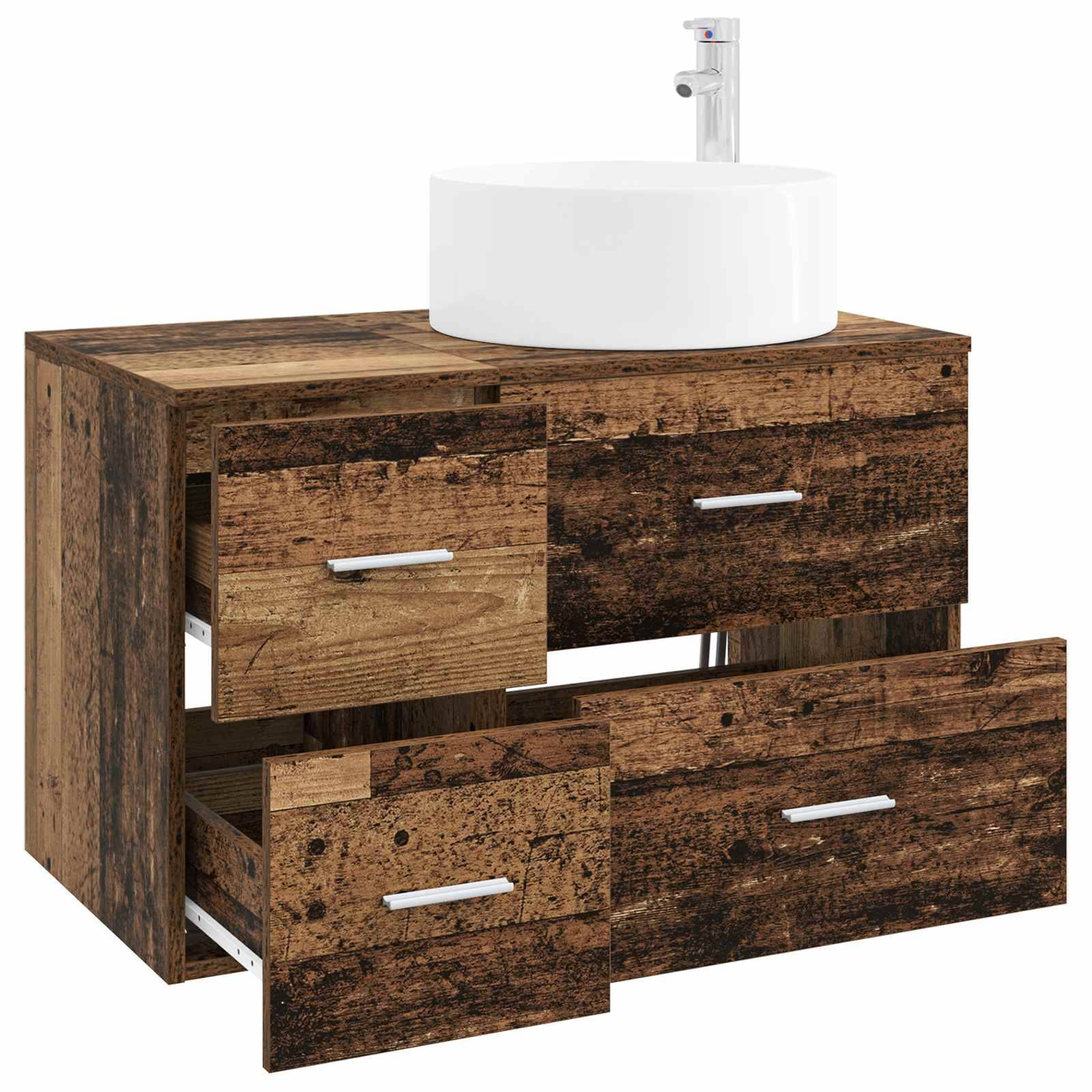 Rustikales Holzbadezimmermöbel mit weißem rundem Waschbecken und Wasserhahn, gezeigt mit vier teilweise geöffneten Schubladen.