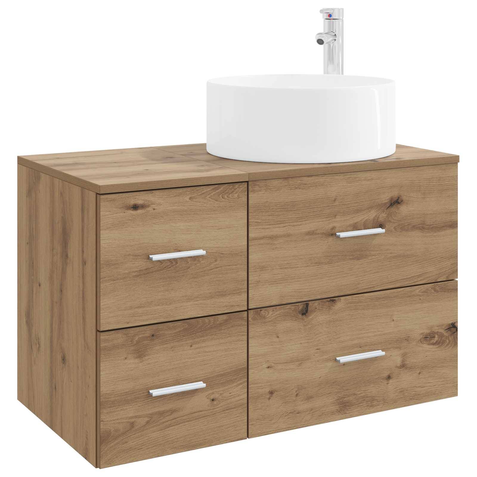 Holzwaschtischschrank im Badezimmer mit vier Schubladen und einem weißen Aufsatzwaschbecken oben, gezeigt vor einem einfachen Hintergrund.