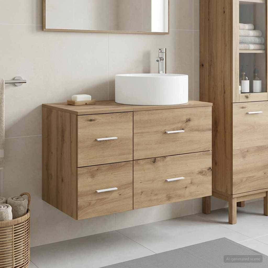 Modernes Badezimmer-Waschtisch mit weißem Aufsatzwaschbecken auf einem Holzschrank mit vier Schubladen, neben einem passenden Aufbewahrungsschrank und Spiegel.