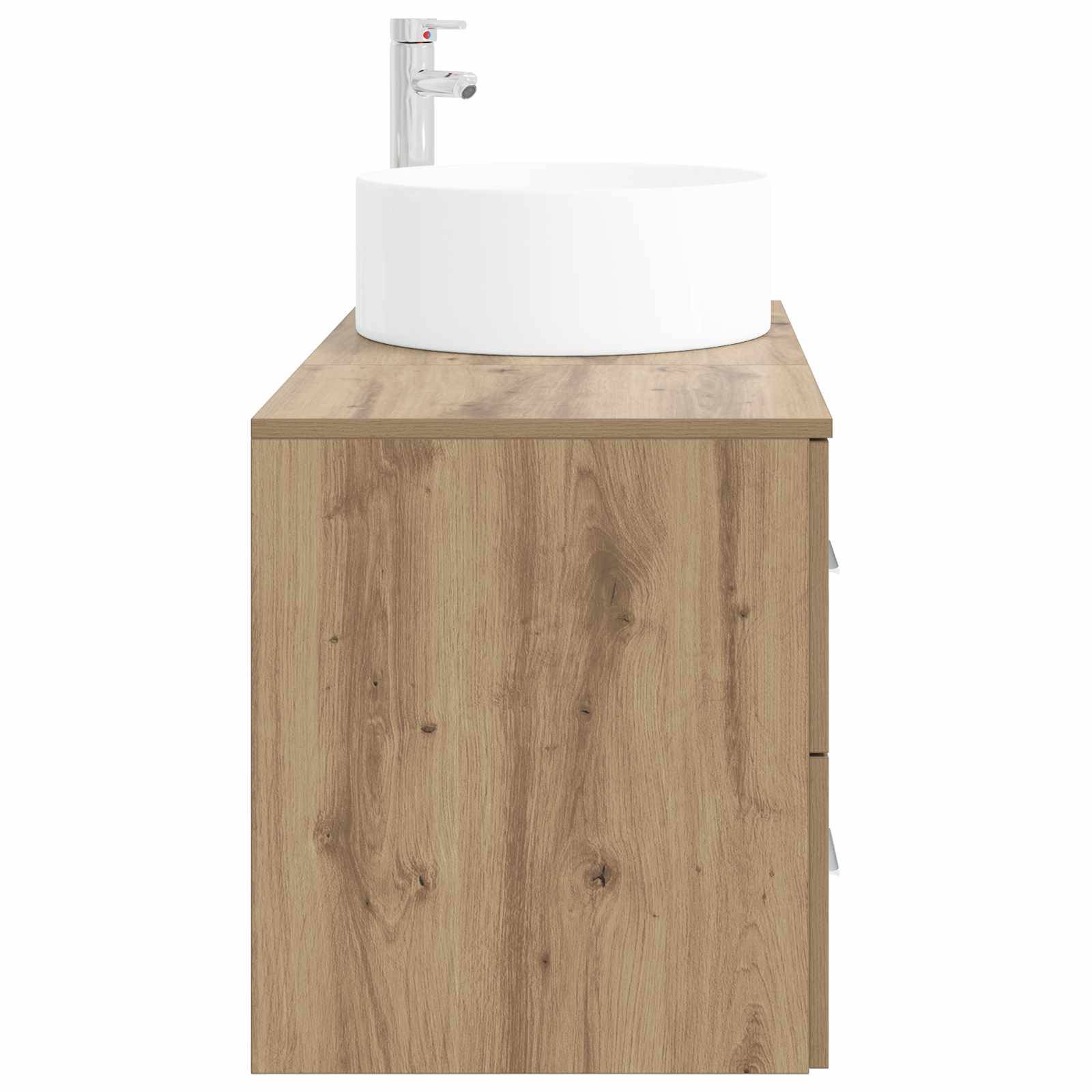 Badezimmerwaschbecken mit Holzmaserung, weißem rundem Aufsatzwaschbecken und Chromarmatur auf einem einzelnen Schrank