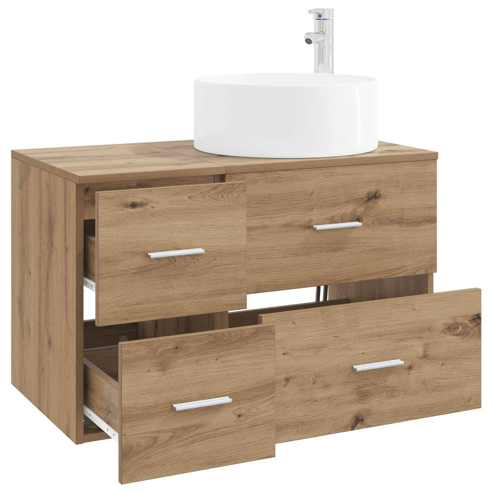 Holz-Badezimmerschrank mit weißem rundem Waschbecken und Armatur, mit zwei vorderen Schubladen und einem offenen unteren Stauraum.