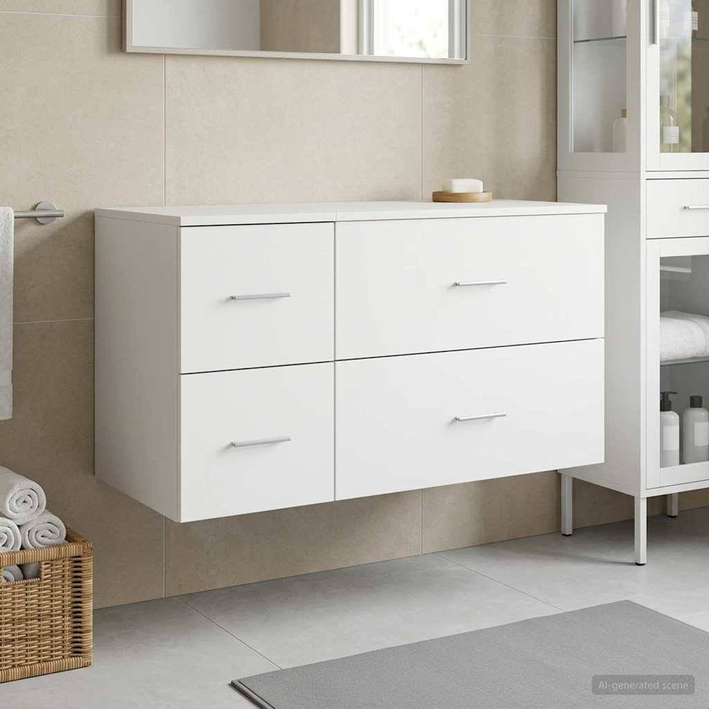 Modernes Badezimmer mit an der Wand montiertem weißem Doppel-Waschbeckenunterschrank, Spiegel darüber, Wäschekorb und daneben ein Aufbewahrungsschrank.