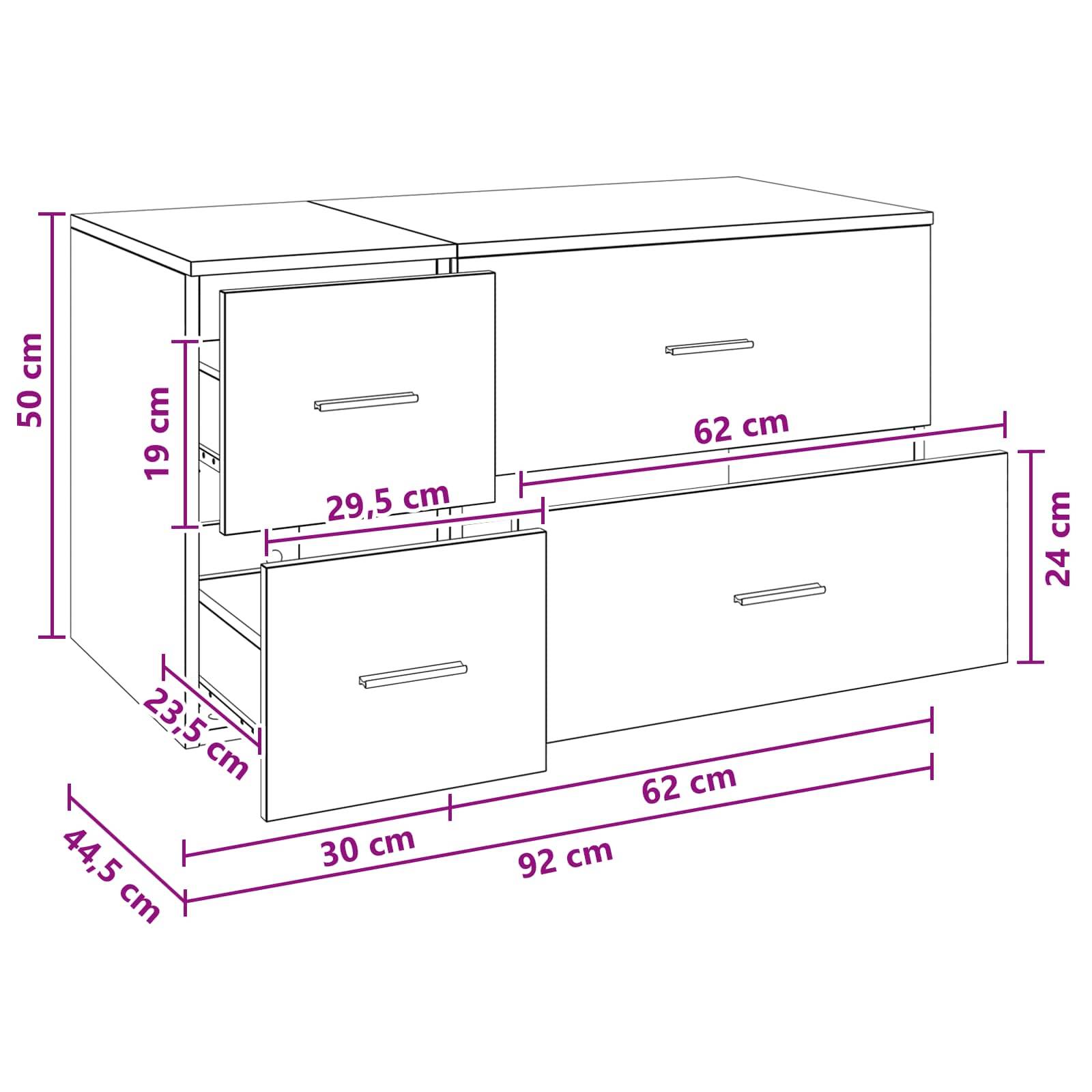 Dimensioniertes Diagramm eines zweischubigen Schranks mit Gesamtabmessungen von 92 cm Breite, 50 cm Höhe, 44,5 cm Tiefe, mit beschrifteten Maßen für Schublade und Fachraum.