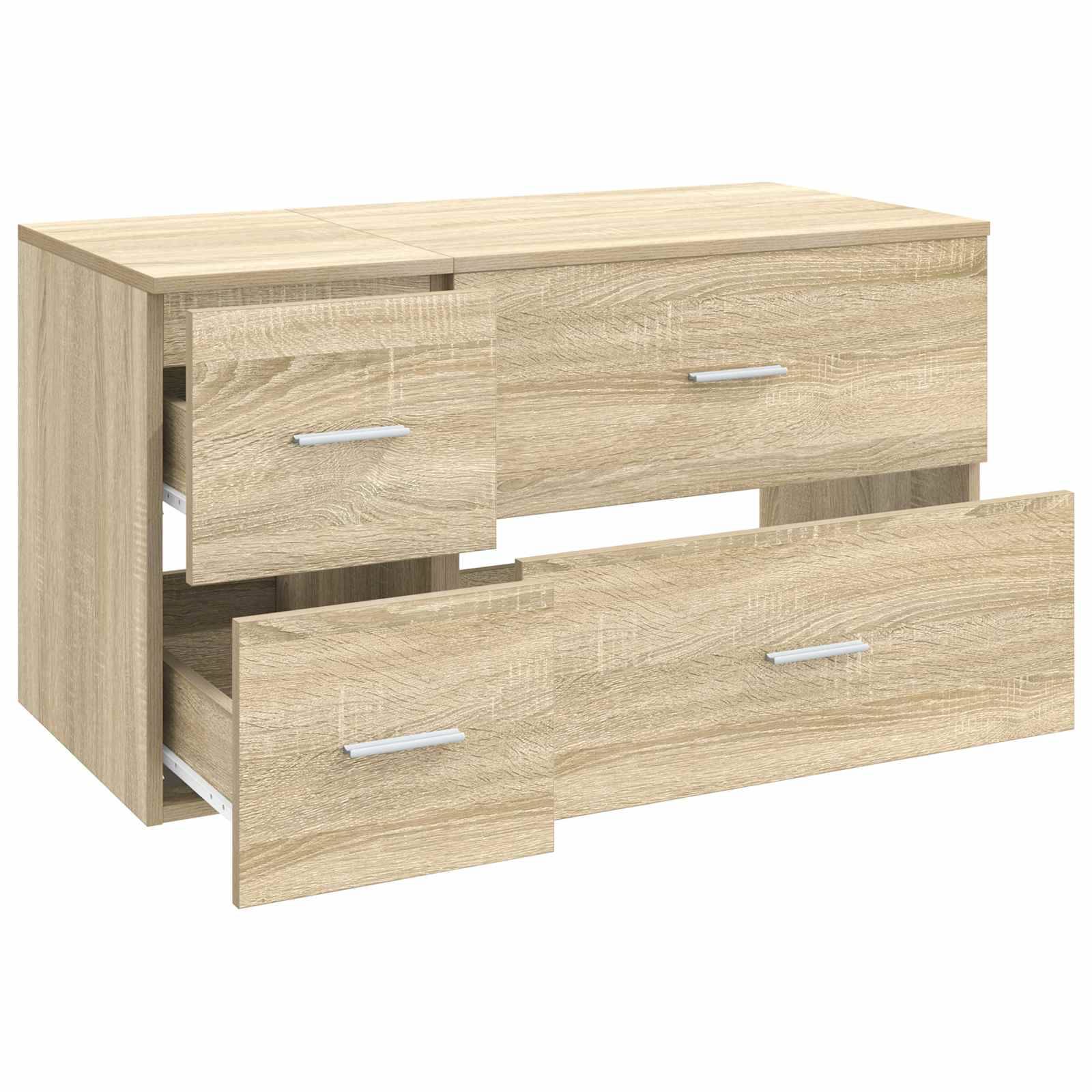 Heller Holzkommode mit drei Schubladen, zwei davon teilweise offen, mit silbernen Griffen.