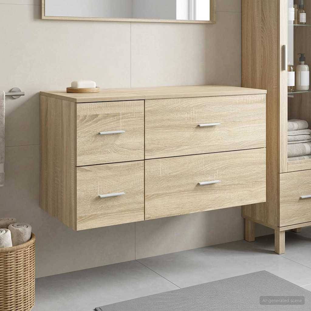 Wandmontierter Badezimmerunterschrank aus hellem Holz mit vier Schubladen und silbernen Griffen neben einem Schrank und Fliesenboden.