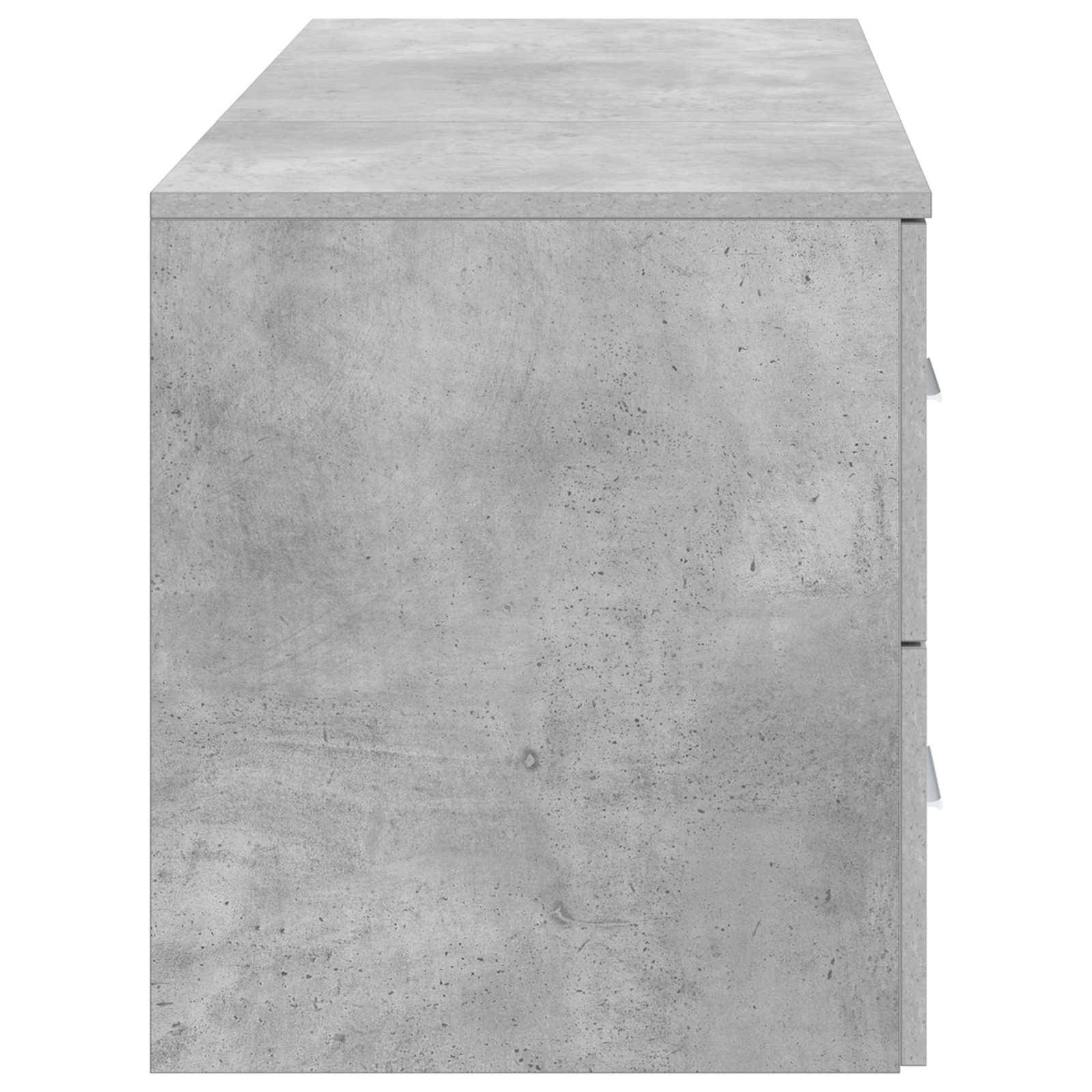 Schlichte graue Betonschrank oder Aufbewahrungsbox, Vorderansicht, mit flacher Oberseite und minimaler Beschlagware, die auf der rechten Kante sichtbar ist.