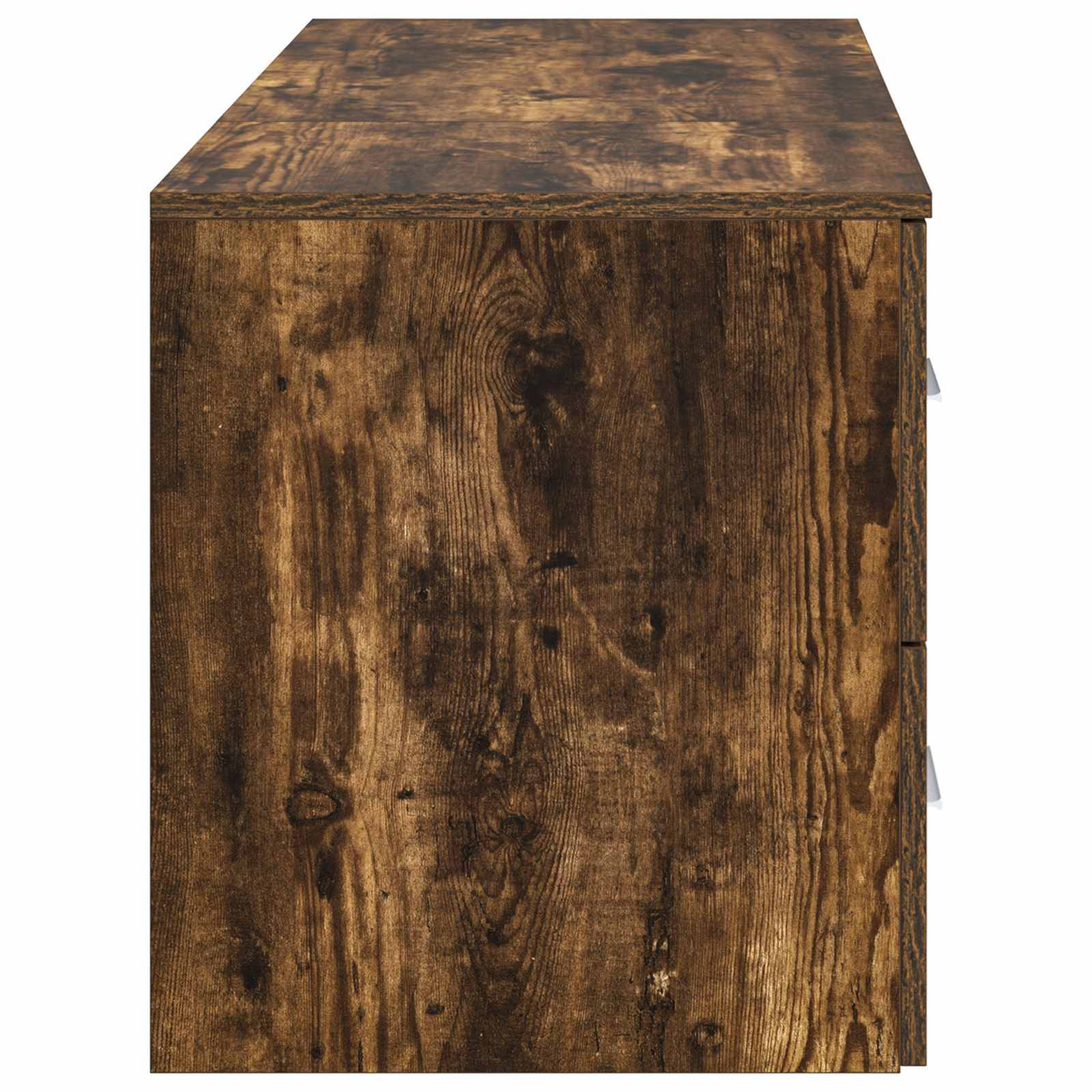 Rustikaler Holzmaserung Würfel-förmiger Schrank oder Aufbewahrungsbox mit flacher Oberseite, frontal gegen einen einfachen weißen Hintergrund dargestellt.