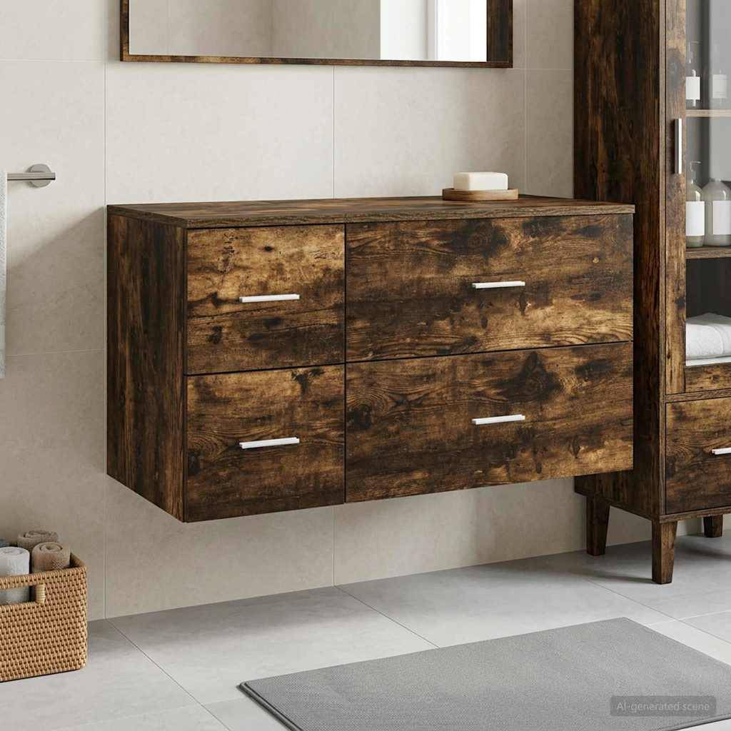 Schwebendes Holz-Badezimmermöbel mit vier Schubladen und silbernen Griffen unter einem Wandspiegel, gezeigt in einem modernen gefliesten Badezimmer.