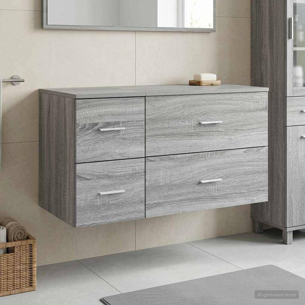 Wandmontierter grauer Holz-Badezimmerschrank mit vier Schubladen und Arbeitsplatte in einem modernen gefliesten Badezimmer.