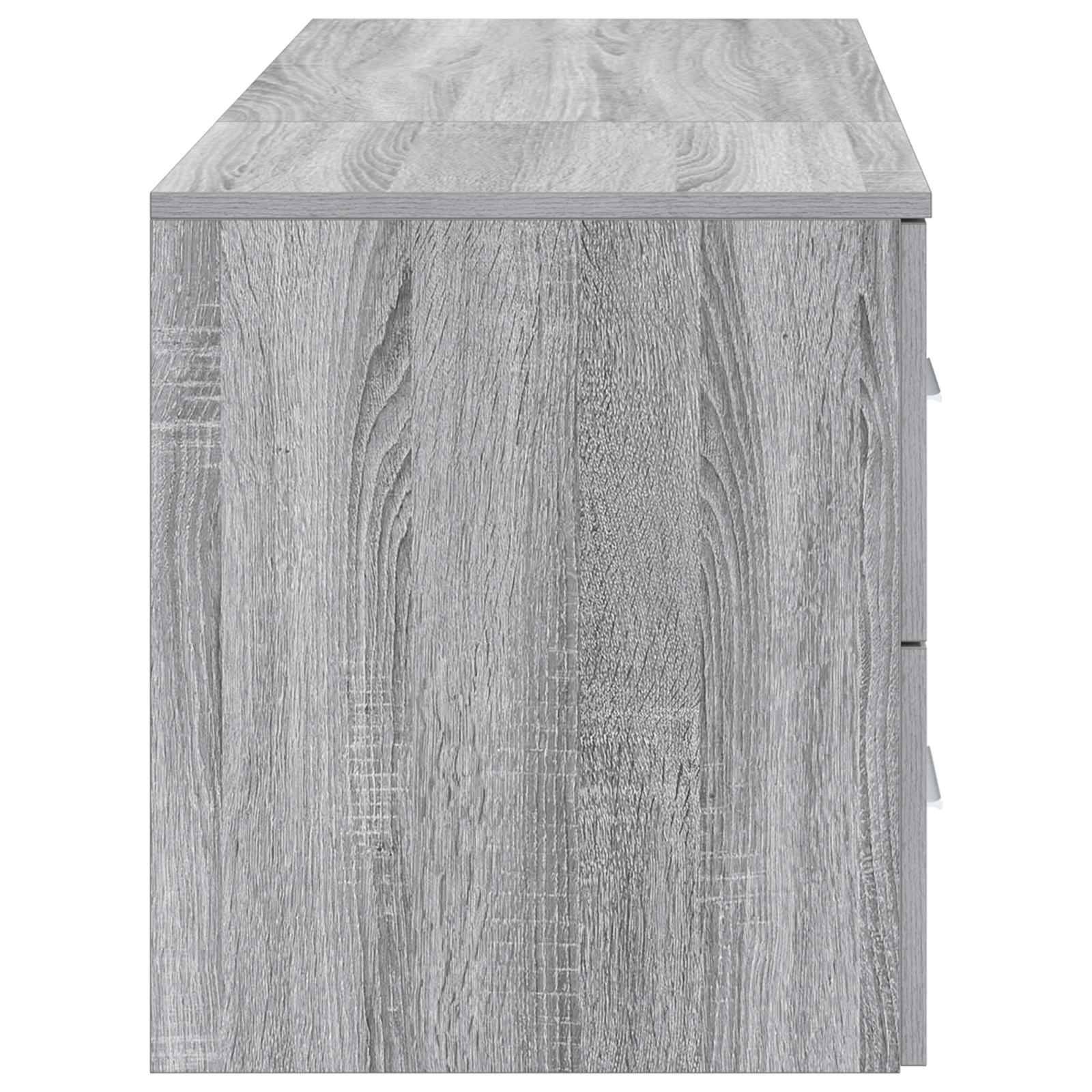 Grauer Schrank oder Nachttisch mit Holzmaserung, von vorne dargestellt mit ebener Oberseite und einfachem rechteckigem Design.