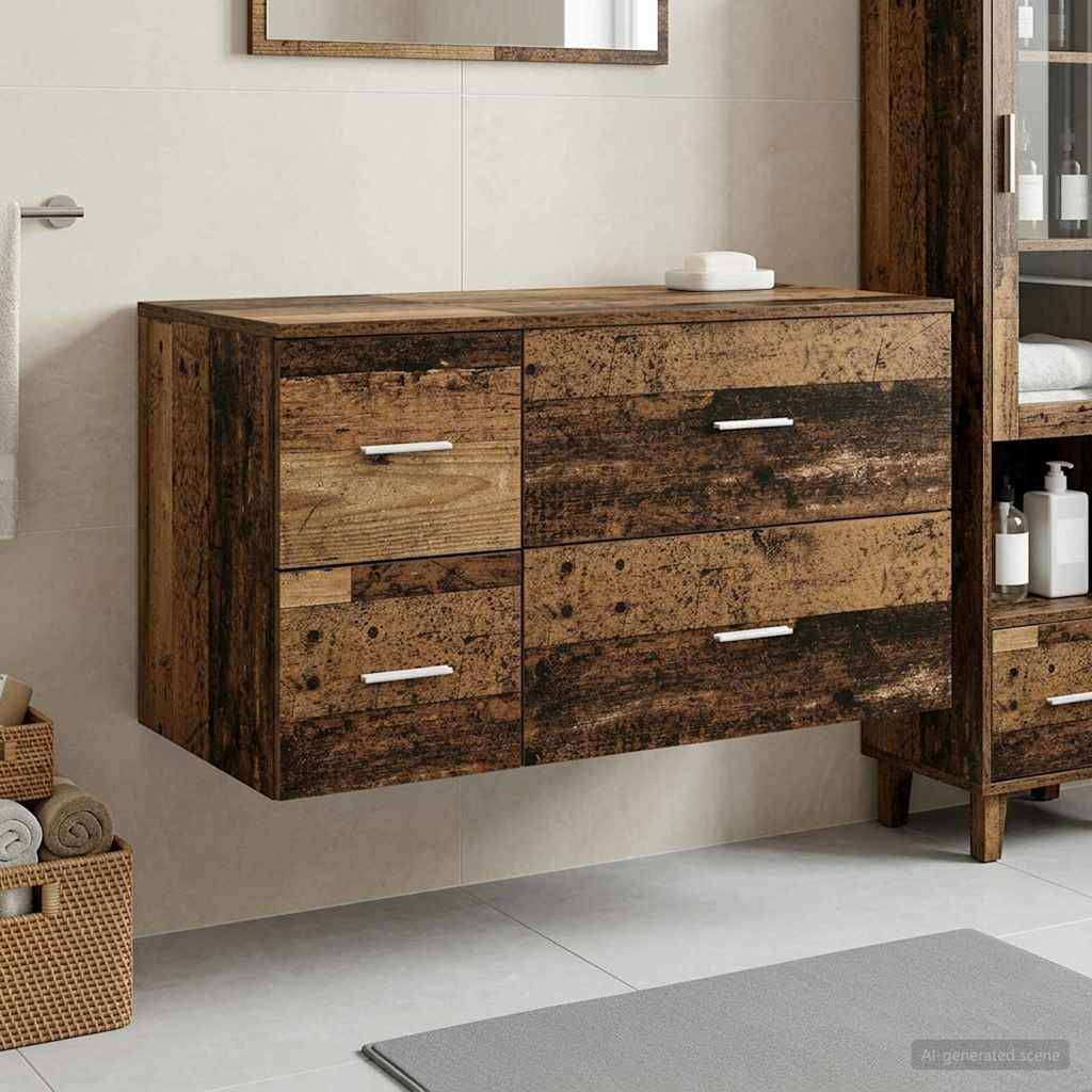 Schwebendes rustikales Holz-Badezimmerwaschbecken mit vier Schubladen und silbernen Griffen, neben einem passenden Schrank in einem modernen gekachelten Badezimmer montiert.