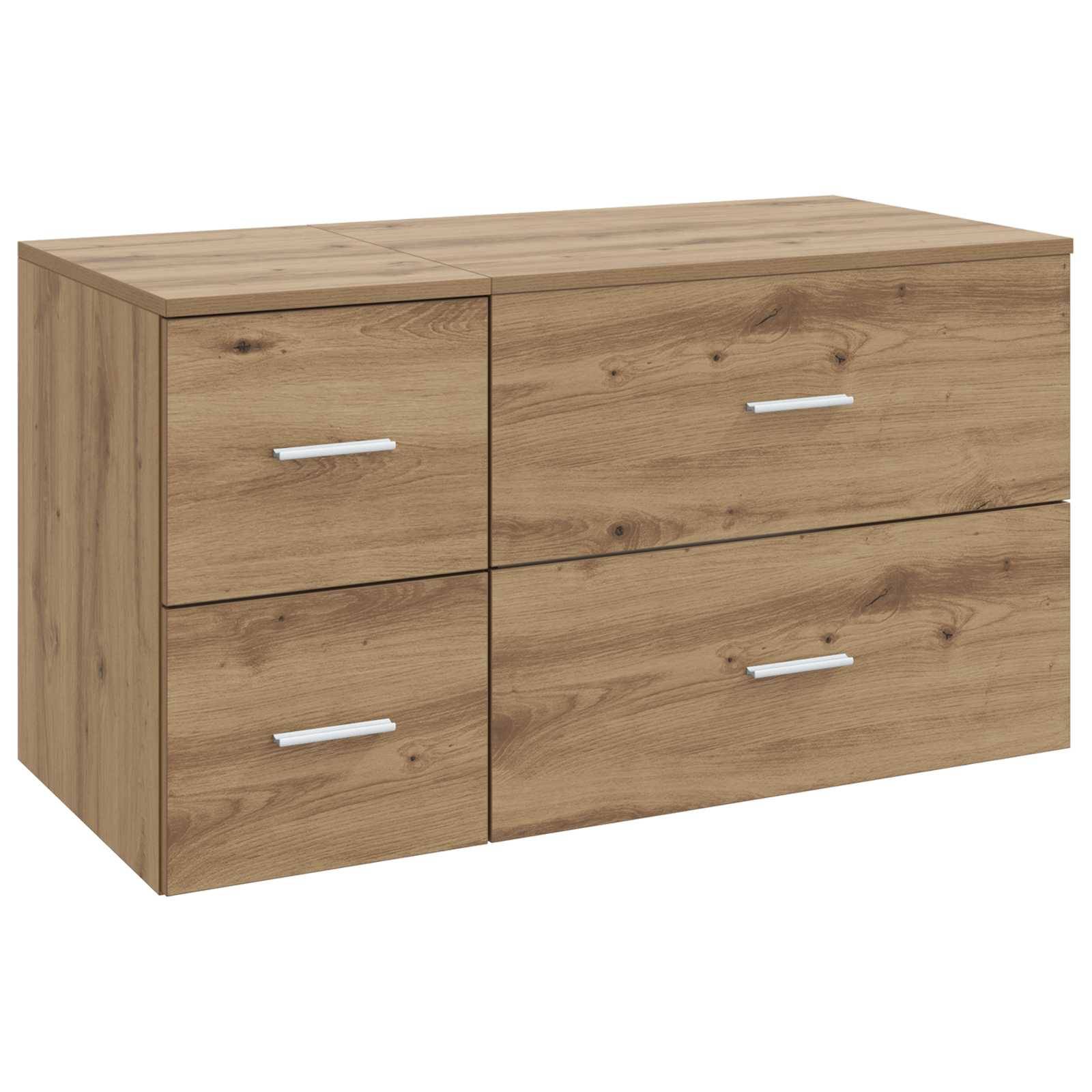 Helles Holz-Kommode mit vier Schubladen, zwei kleine auf der linken Seite und zwei breite auf der rechten Seite, vor weißem Hintergrund gezeigt.