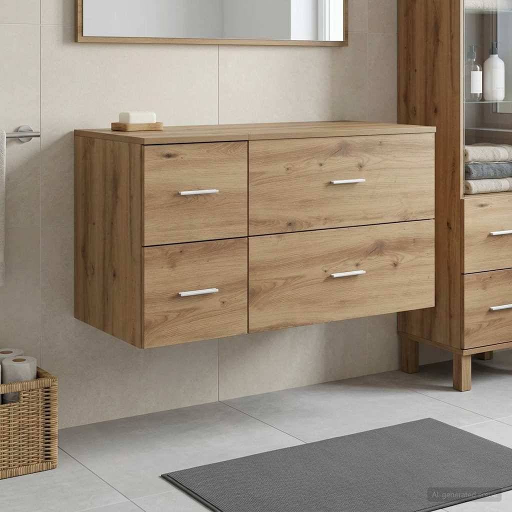 Wandmontierte Kommode aus hellem Holz mit vier Schubladen und silbernen Griffen in einem minimalistischen Schlafzimmer.