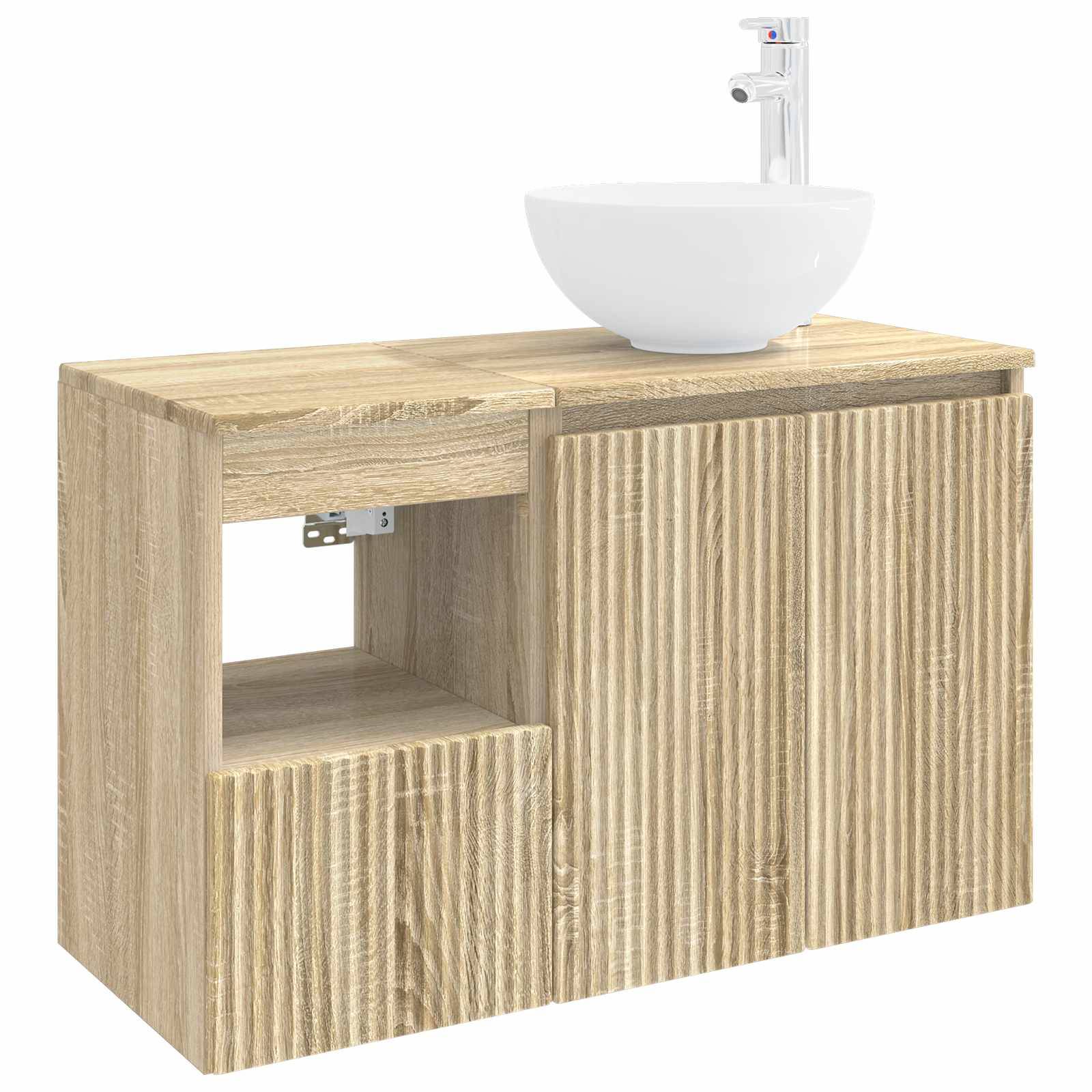 Holz-Badezimmerwaschbecken mit integriertem Waschbecken, einem offenen Regal, einer Schublade und zwei Schranktüren, abgebildet auf weißem Hintergrund.