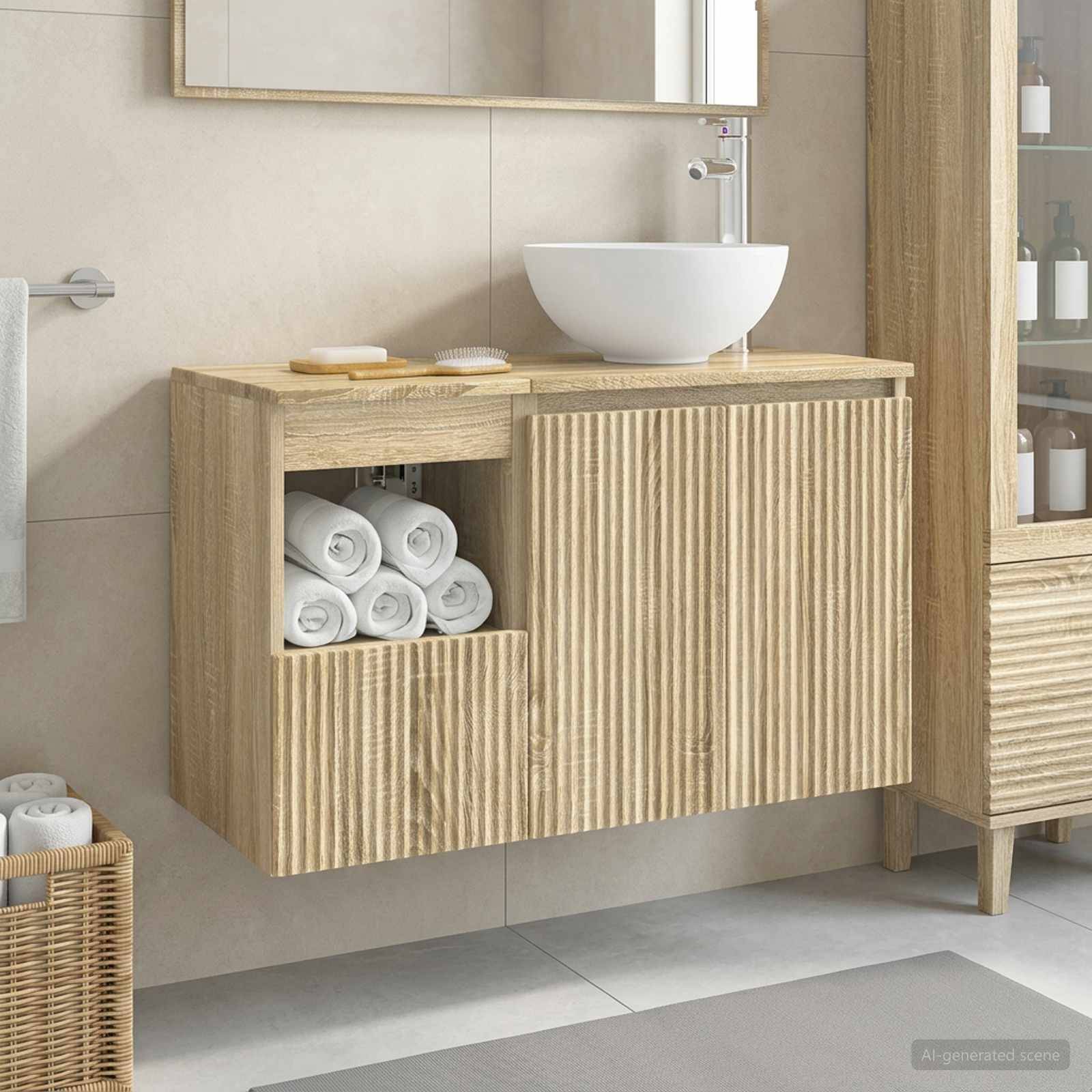 Modernes Badezimmer-Waschtisch mit weißem Aufsatzwaschbecken, Holzschrank, Handtüchern in offenen Fächern und passendem Lagerschrank daneben.