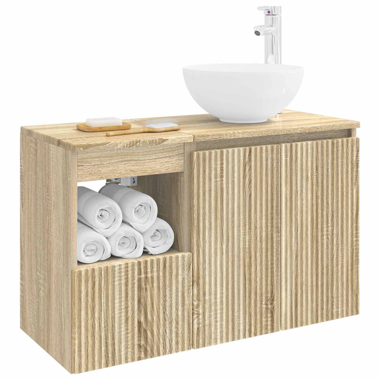 Holzwaschbecken im Badezimmer mit integriertem Becken, Arbeitsplatte und offener Handtuchablage mit aufgerollten weißen Handtüchern.