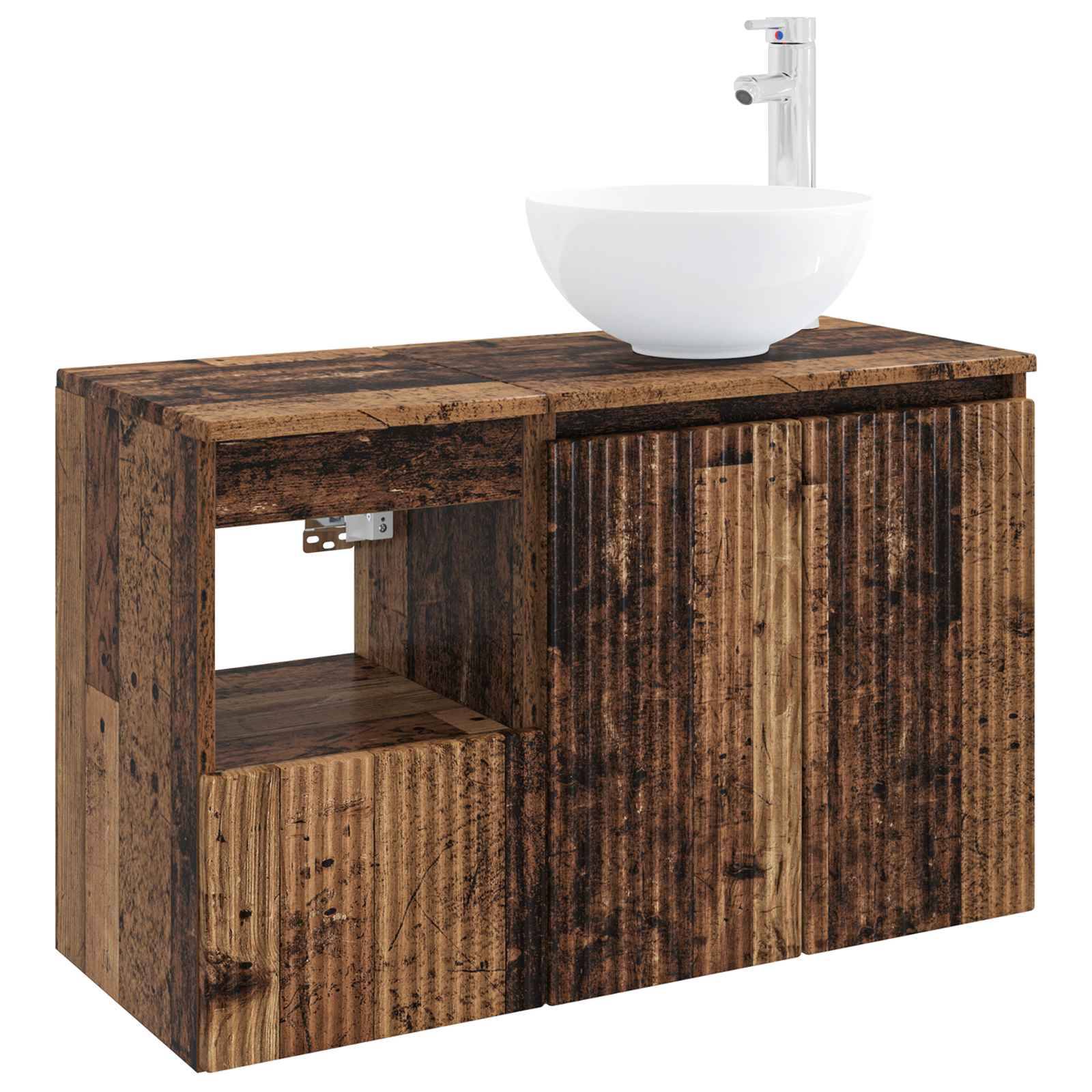 Rustikales Badezimmer-Waschtischschrank aus Holz mit offenen Regalen, Holzmaserung-Front, weißem Aufsatzwaschbecken und Chromarmatur oben.
