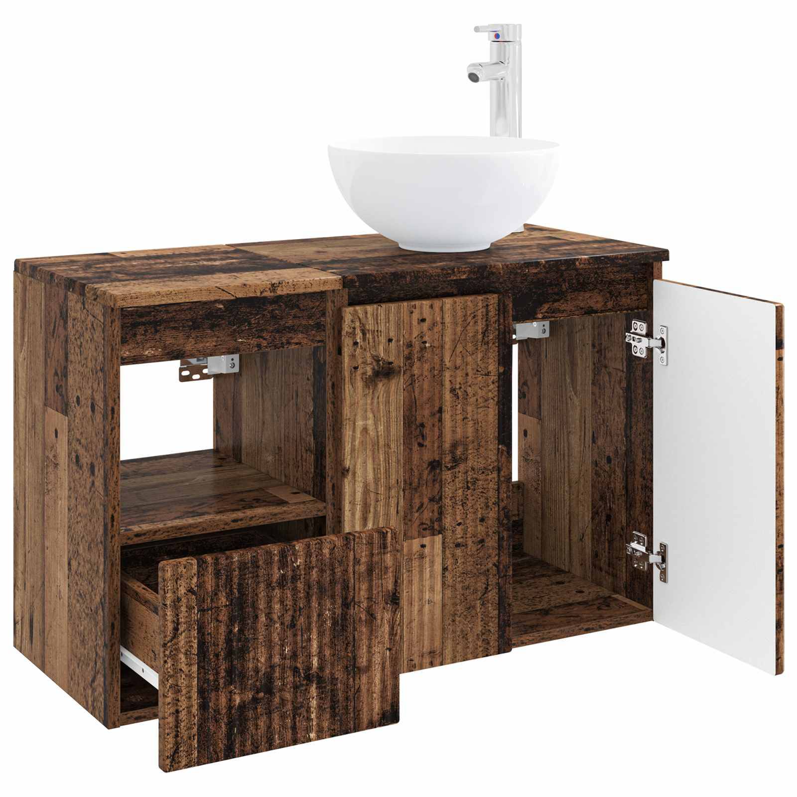 Holzwaschtisch im Badezimmer mit weißem Aufsatzwaschbecken und Armatur, mit offenen und geschlossenen Schrankfächern und sichtbaren Türen.