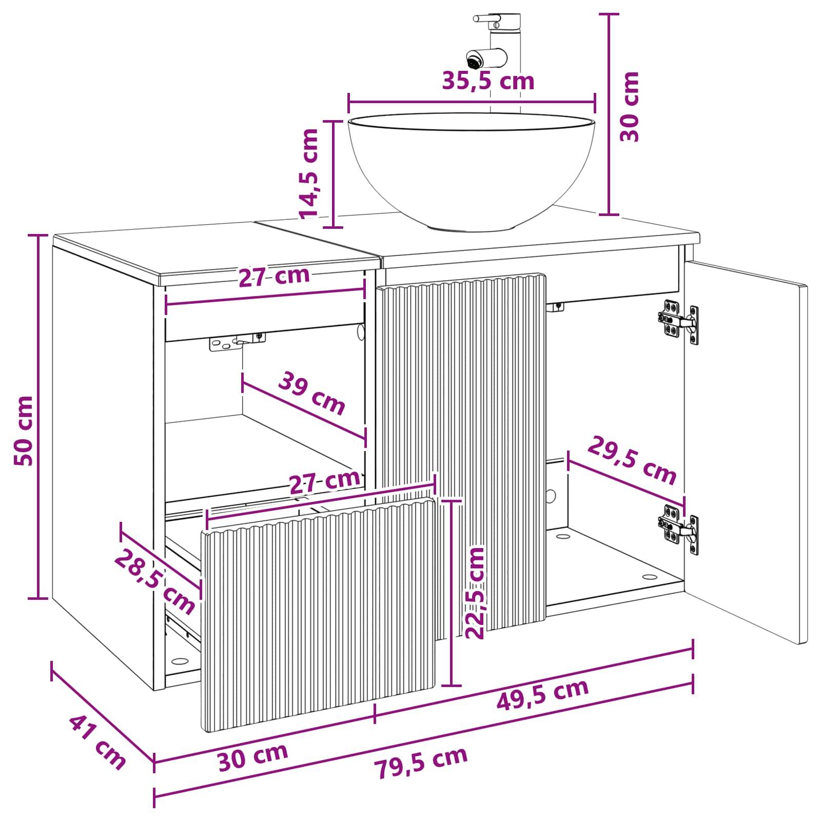 Diagramm eines Badezimmer-Waschtischschranks mit Waschbecken, das Abmessungen in Zentimetern zeigt: 79,5 cm breit, 50 cm hoch, 41 cm tief, mit einem 35,5 cm Waschbecken und zwei Türen.